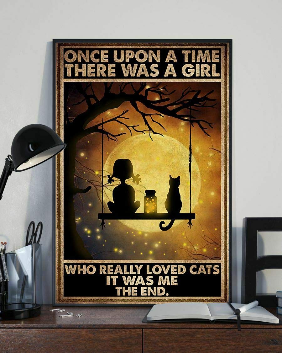 Houvssen Girls Blue-Gray Metal Signs Décor Once Upon A Time There Was A Who Really Loved Cats Moon Poster 6X8 Inch