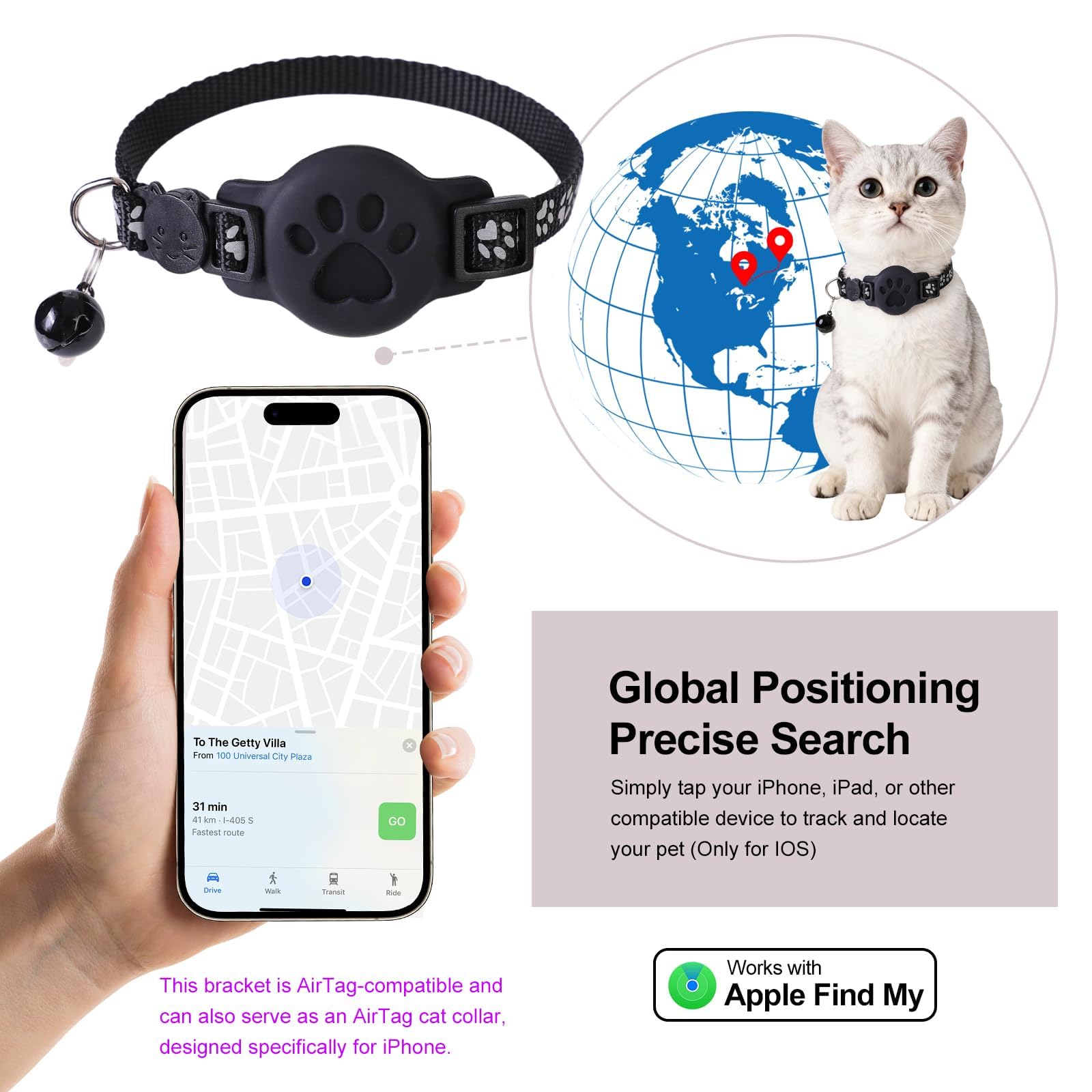 Collier GPS pour Chat avec Traceur Bluetooth Compatible avec Deux systèmes sans abonnement mensuel Traceur pour Animaux de Compagnie étanche, léger et réfléchissant Réglable et Amovible (19–32 cm)