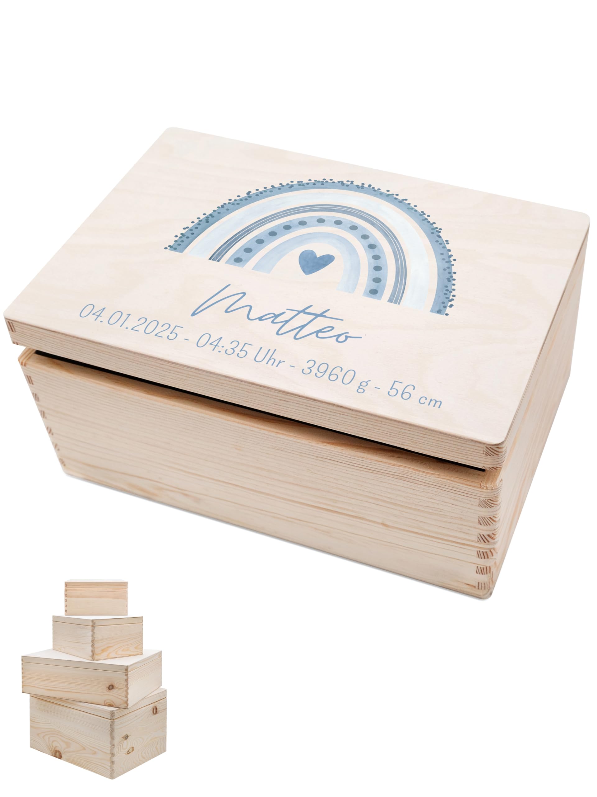 wunderwunsch® - Personalisierte Erinnerungsbox Baby mit Spezial-Druck - Baby Erinnerungsbox - Erinnerungskiste aus Holz - Geschenk zur Geburt (blau, S | Klappdeckel)