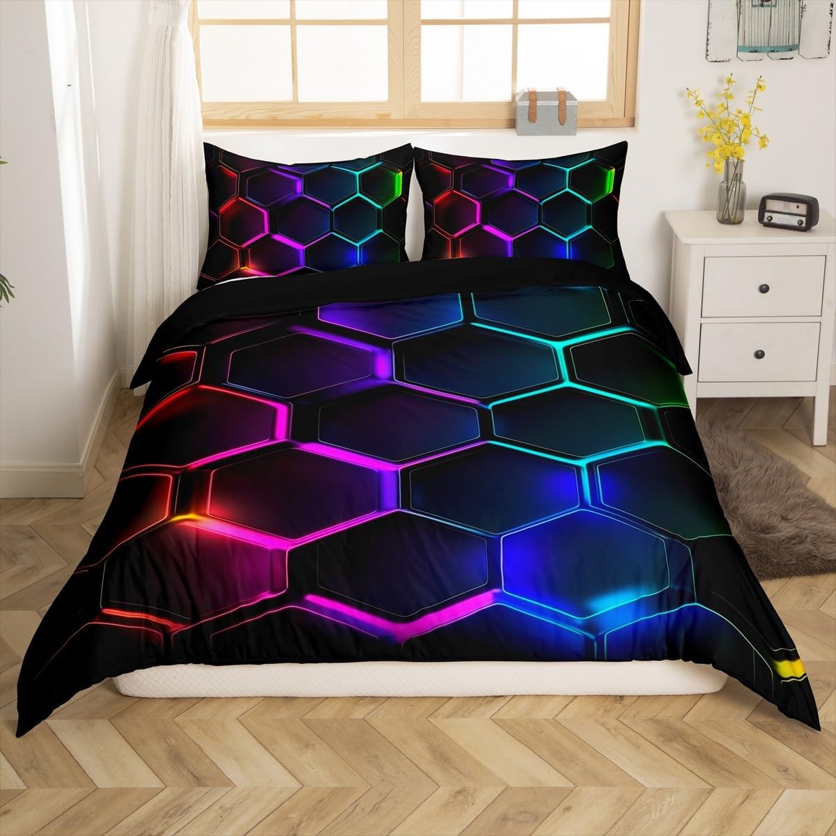 jejeloiu Kids Colorful Honeycomb Comforter Cover Toddler Size, Neon Hexagonal Duvet Cover Boys Girls Geometrical Bedding Set for Teens Bedroom Decor Soft Quilt Cover 2Pcs (No Comforter)