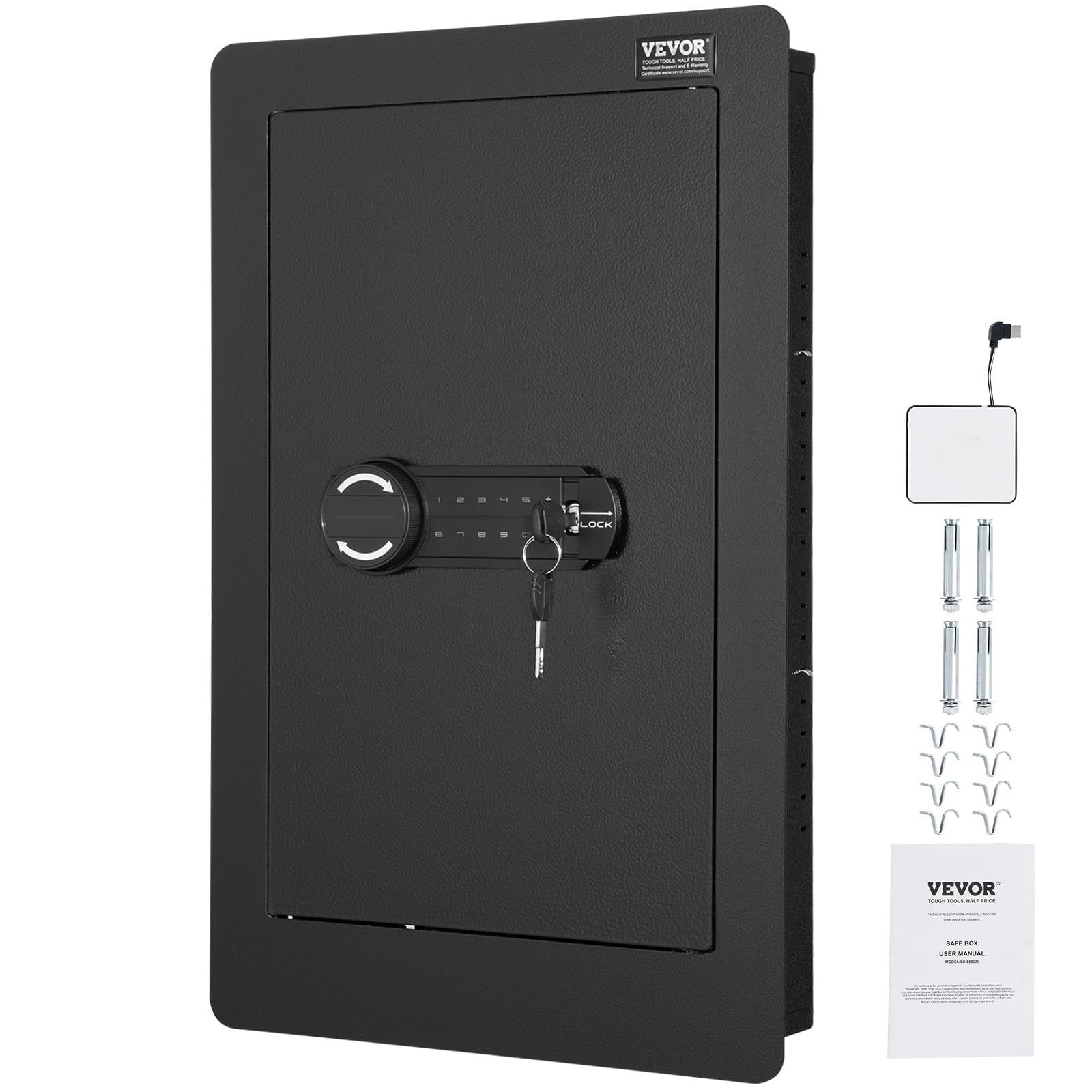 VEVOR Cassaforte da Muro 650x420x100 mm Cassaforte con 3 Livelli 3 Ripiani Rimovibili Luce LED Allarme a Vibrazione, Tastiera Impronta Digitale per Passaporti Armi Lunghe Gioielli Contanti Documenti