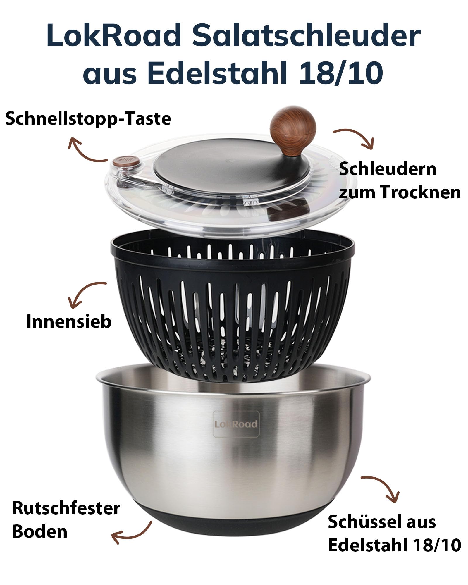 Salatschleuder Edelstahl 18/10 - Salad Spinner mit Rutschfester Boden & Stopptaste, Salat Schleuder, BPA-frei & Spülmaschinenfest, 5L Groß