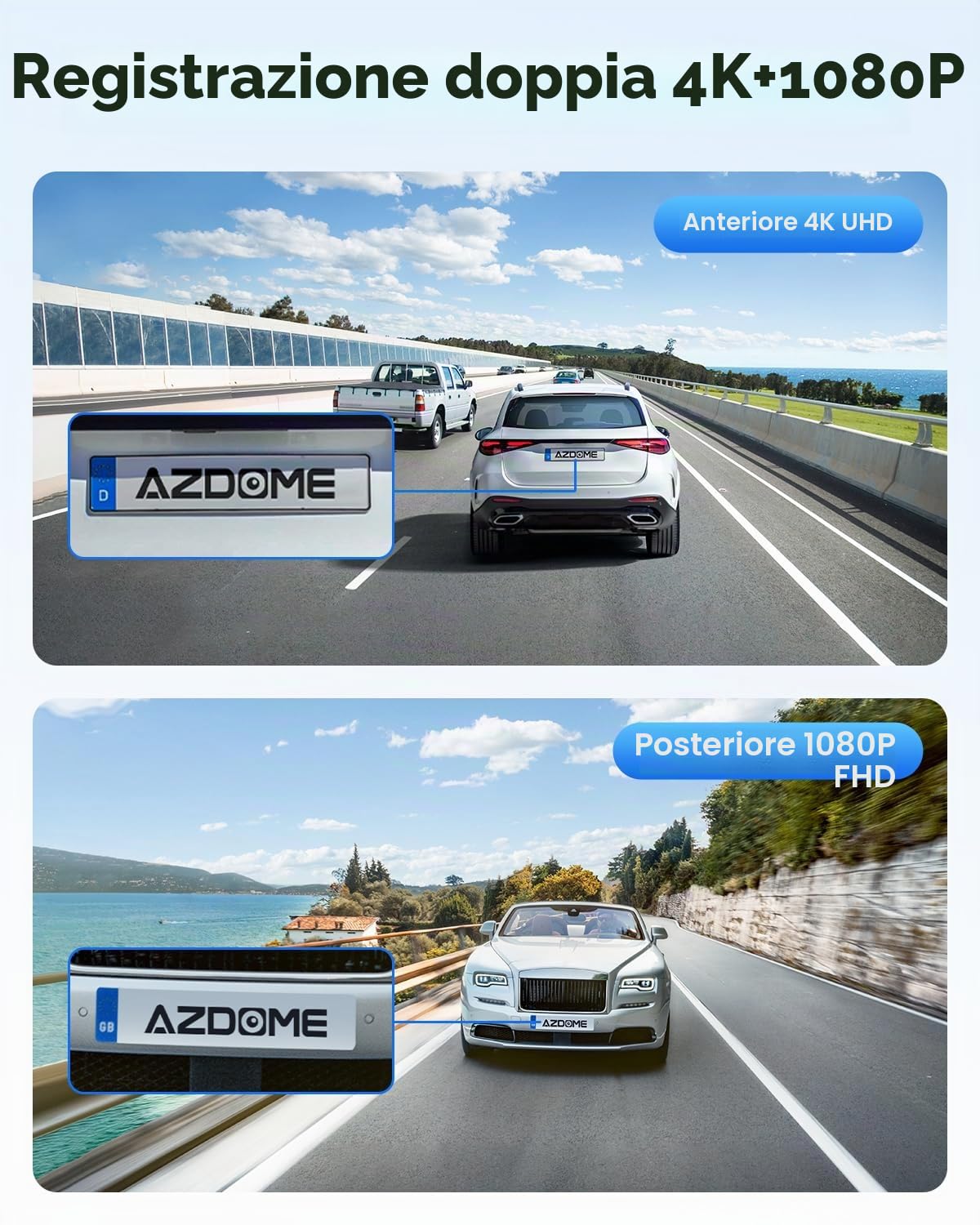 AZDOME Dash Cam Auto 4K+1080P con GPS e WiFi, Telecamera per Auto Anteriore e Posteriore, ADAS, Visione Notturna, WDR, G-Sensor, Monitoraggio Parcheggio 24H, Controllo Vocale, con Scheda SD 64GB