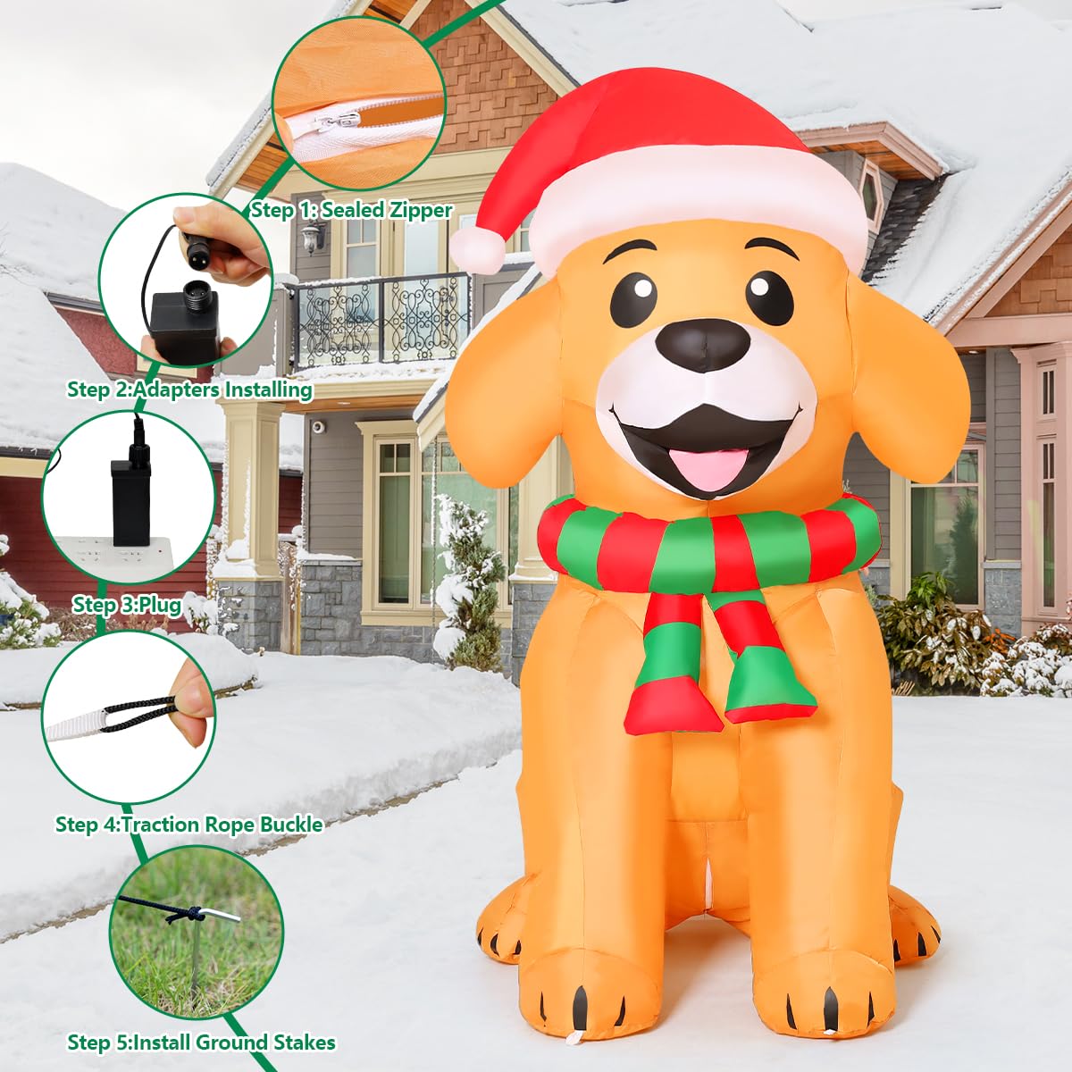 COMIN Aufblasbare Weihnachts-Dekoration für den Außenbereich, 152 cm, Golden Retriever mit integrierten LEDs für den Innenbereich, Party, Rasen, Garten, Dekoration