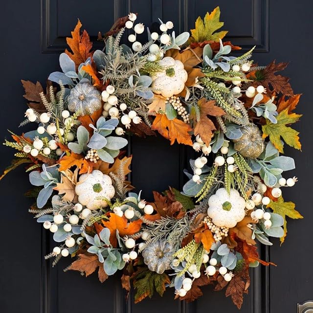 FANXIYA Autumn Door Wreath, Artificial Fall Maple Leaf Wreath for Front Door &Outdoor, Christmas Large Harvest House Decorations with Pumpkin& Berry for Easter, Thanksgiving, Spring& Garden