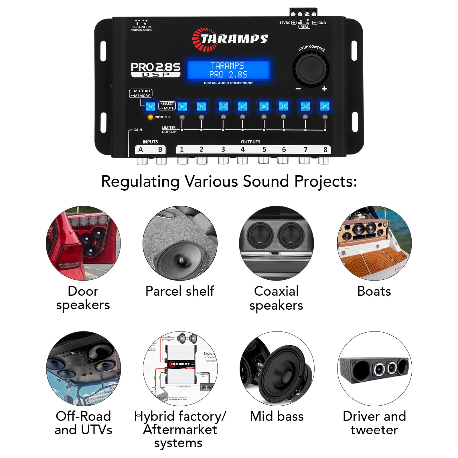 DSP Taramps Pro 2.8S Crossover Full Digital Signal Audio Processeur et égaliseur avec séquenceur Égalisation Graphique 15 Bandes 12 prédéfinis EQ 2 canaux d'entrée et Sortie 8 canaux