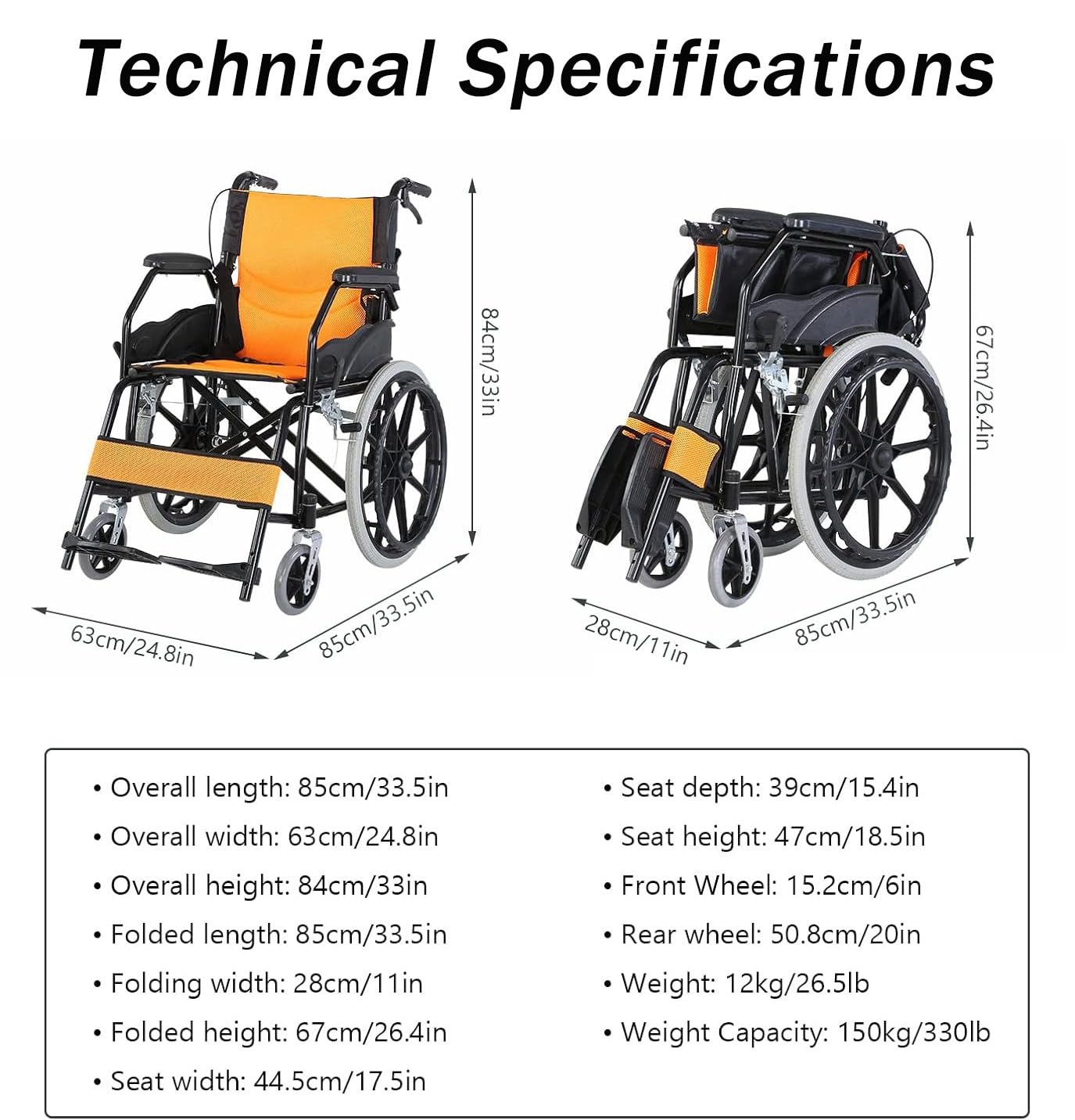 Silla Ruedas Ligera y Plegable con Freno Tambor, Silla Ruedas Viaje para discapacitados, Sillas Ruedas Ligeras y Estrechas con autopropulsión, Capacidad Carga 150 kg, Ancho del Asiento 44,5 cm D