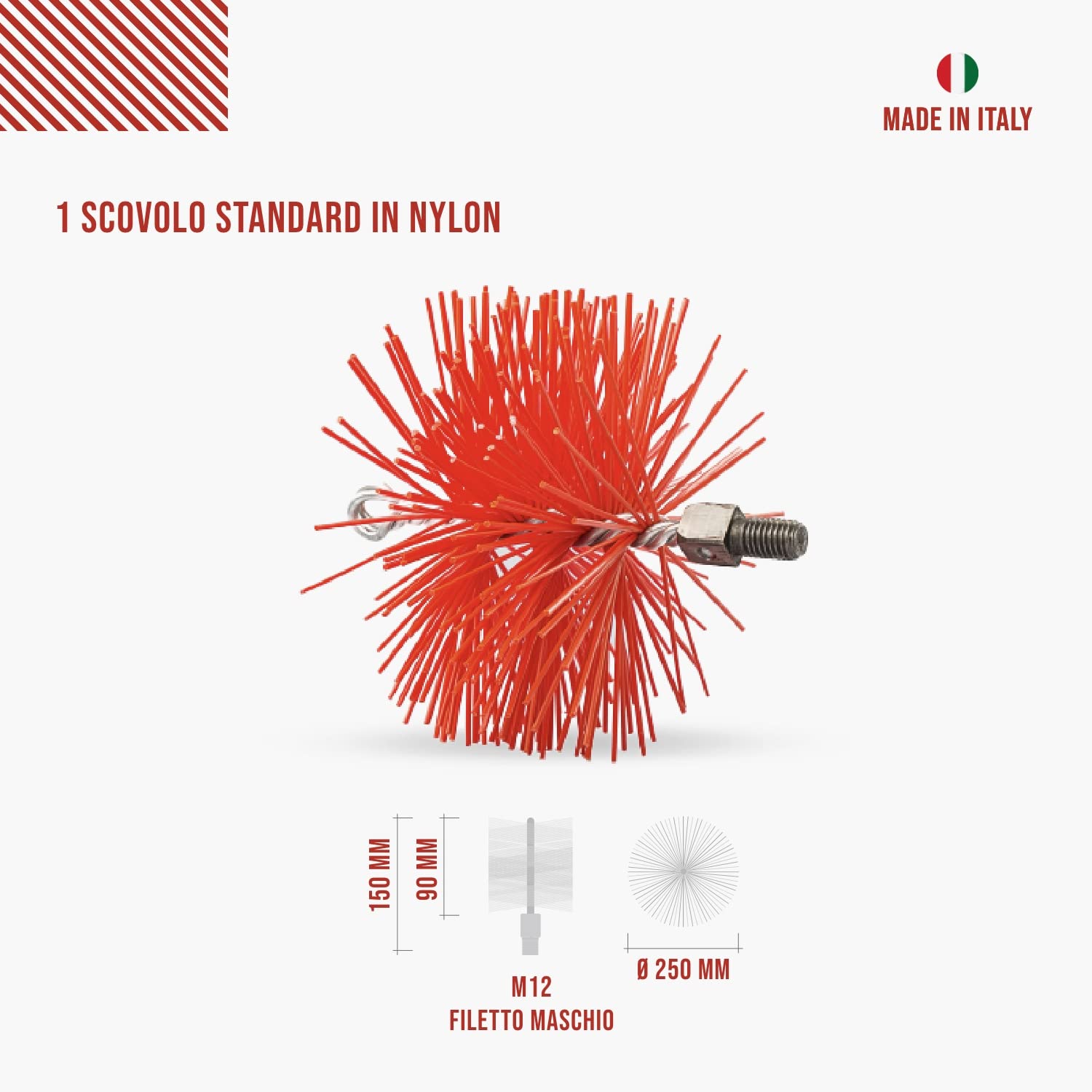 BARETTO Fireplace and Flue Cleaning Kit Ø 250 mm | Nylon Brush | 6 m Poles with 45° Curvature | Soot Removal, Chimney Sweep | Multipurpose Brush and Brush - 4