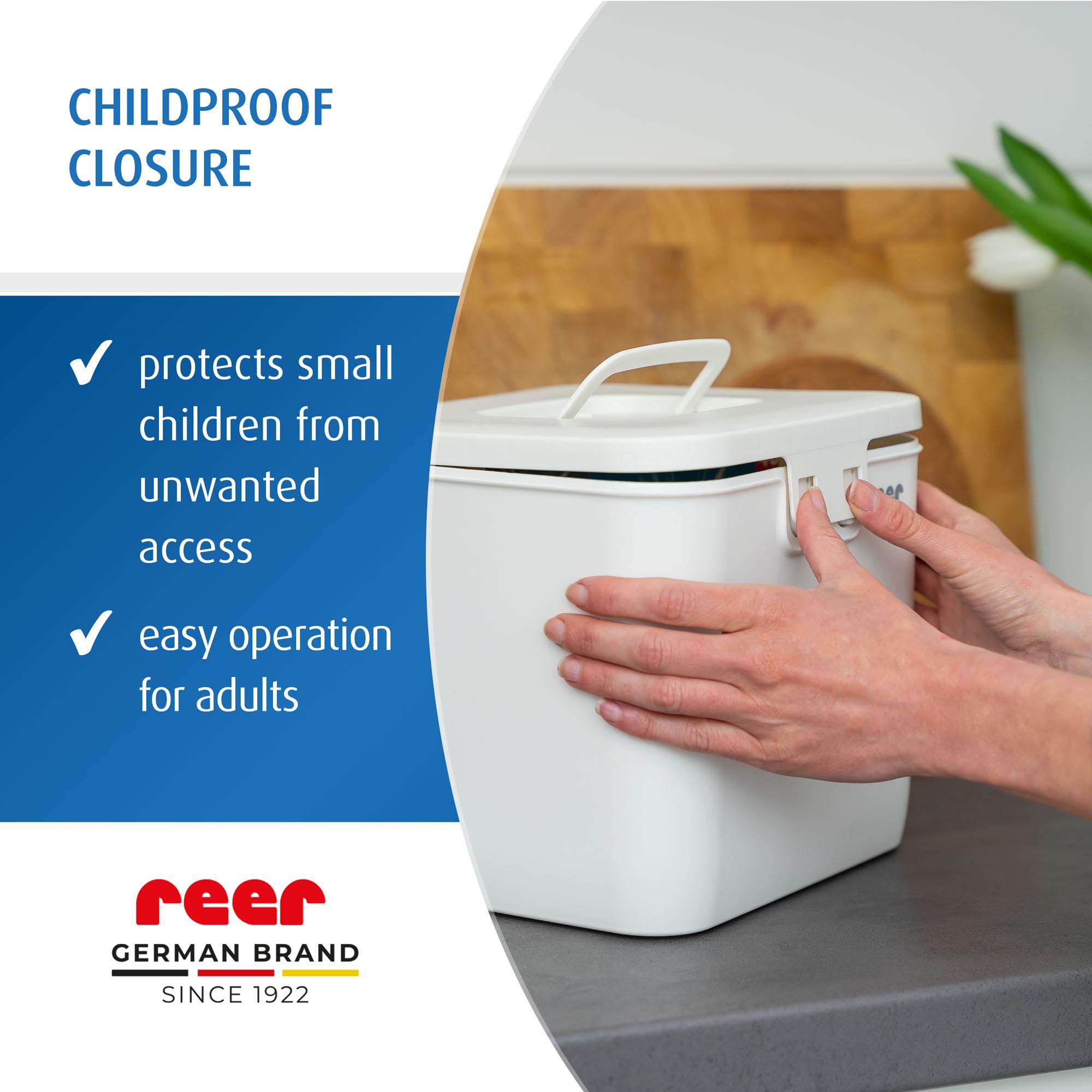 Reer SafeContainer Scatola portaoggetti protezione piccole parti pericolose chiusura sicura bambini antiscivolo