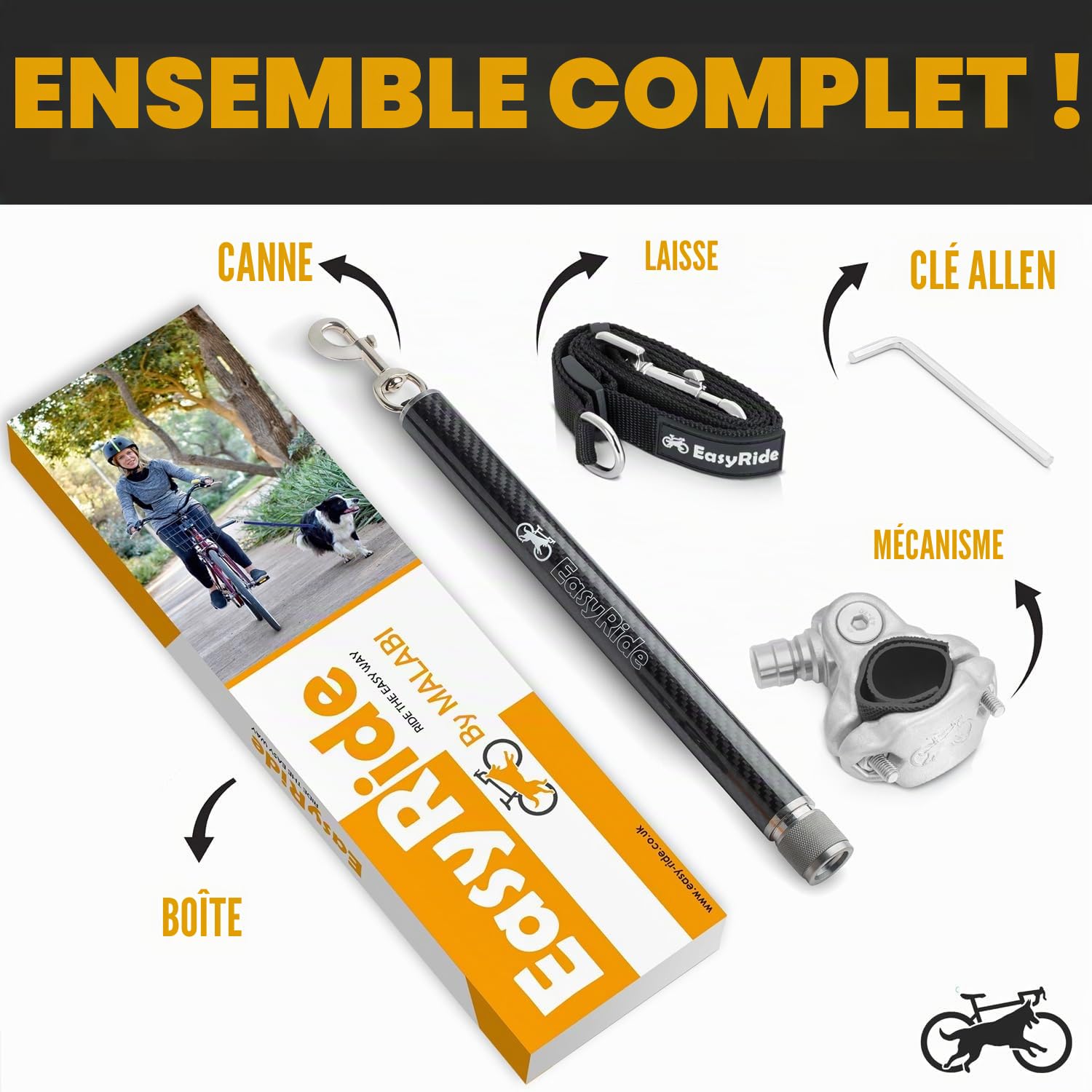 V2.0-Laisse de vélo pour Chien rotative à 180° avec amortisseurs et mécanisme d'attache Rapide | Fibre de Carbone (Noire)