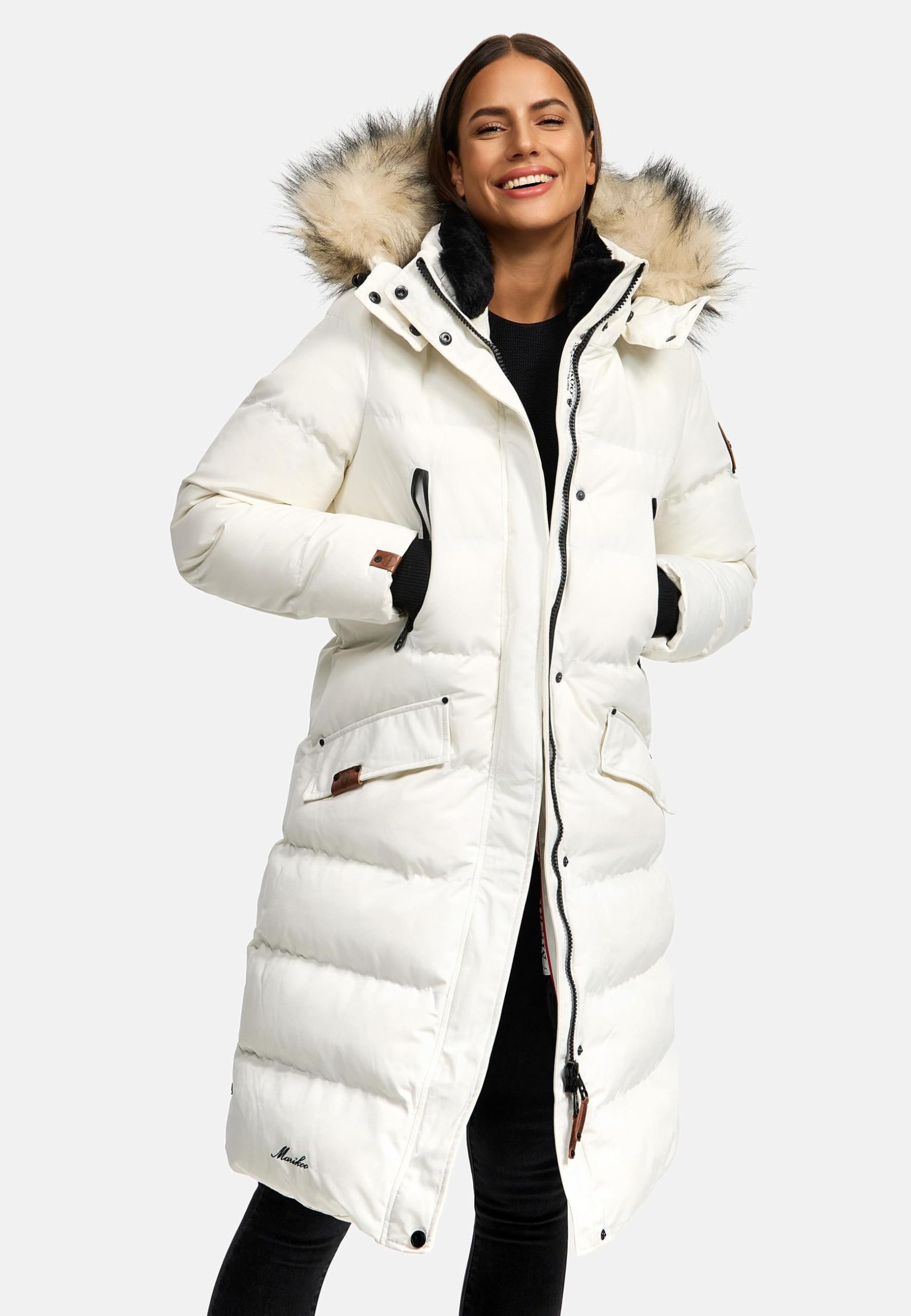 MARIKOO Damen Wintermantel warmer Steppmantel lang mit abnehmbarem Kunstfell und Kapuze Schneesternchen XS-XXL