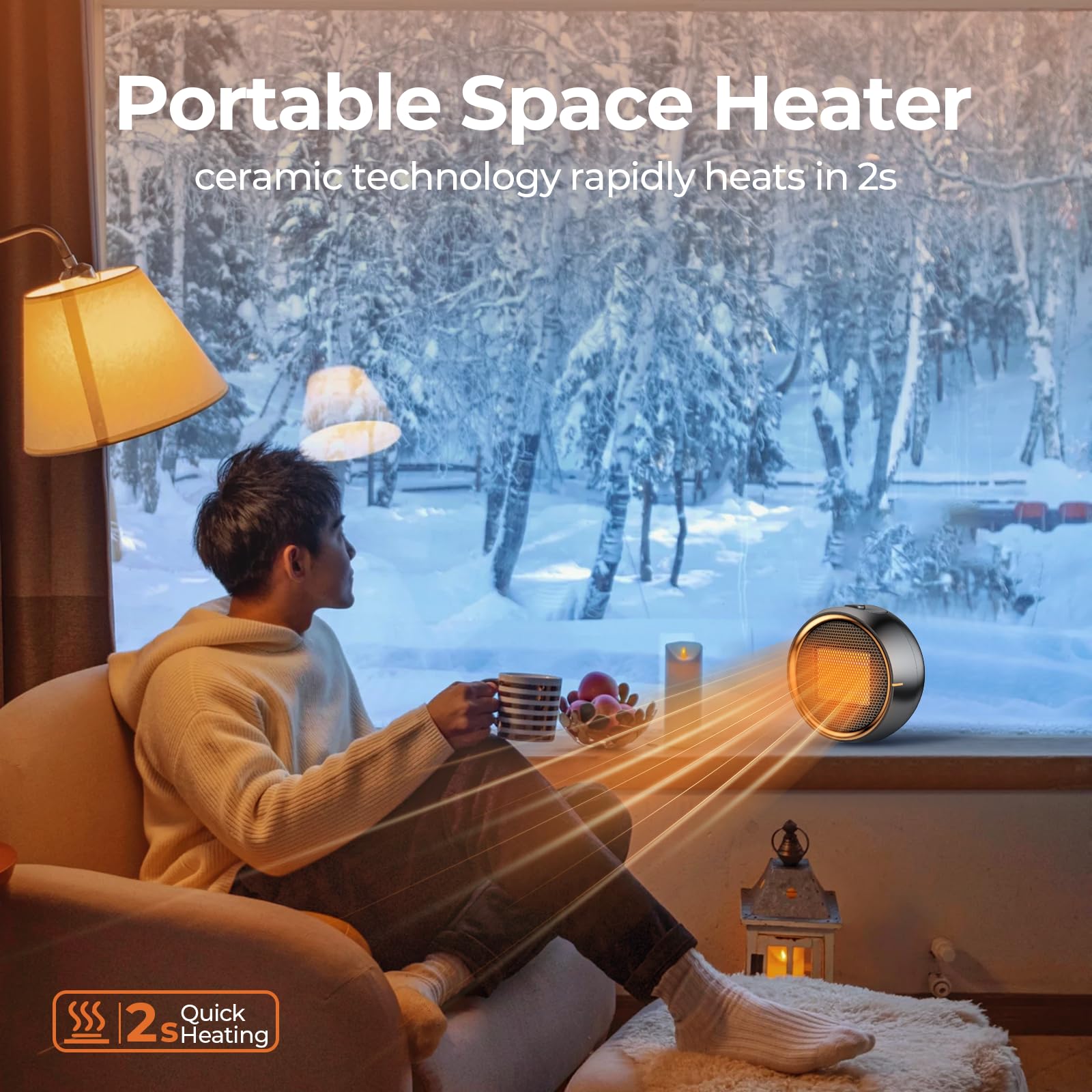 Space Heater, Portable Electric PTC Ceramic Heaters for Indoor Use, 2S Efficient Heating, Tip-Over & Overheat Protection, Quiet Small Mini Desk Heater for Bathroom Home Office Bedroom