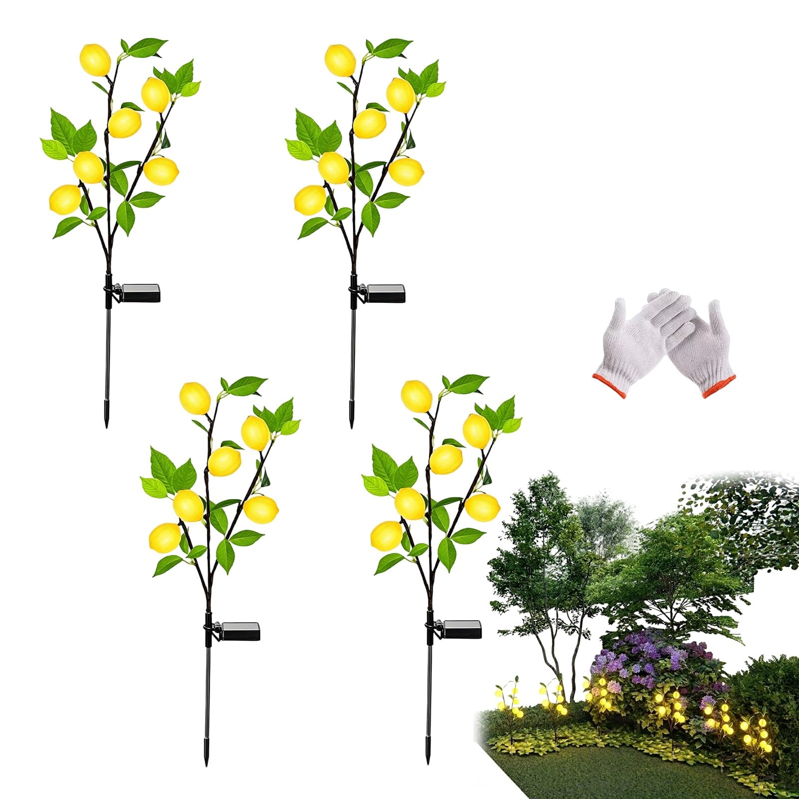 Solar Garden Lights Waterproof Solar Flower Tree Light With Realistic Lemon, Solar Tree, IP65 waterproof rating, For Decorating Gardens, Pathways, Courtyards, And Lawns[Energy Class A+++](4pcs-A)