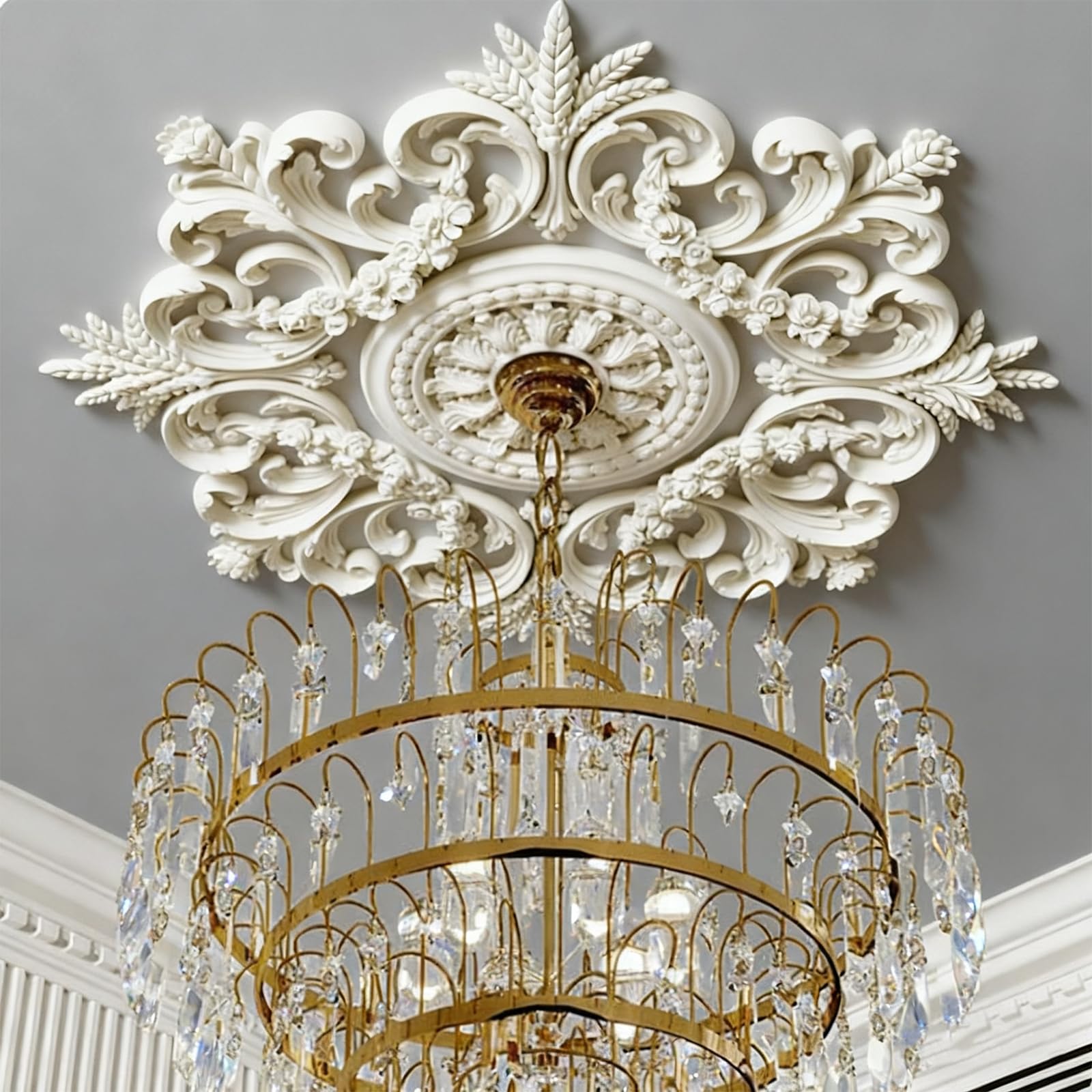 Medallón de techo grande de poliuretano de 28 pulgadas con combinación decorativa – Cubierta clásica de base de lámpara de araña francesa de 28 pulgadas, medallón de techo victoriano, placa de lámpara