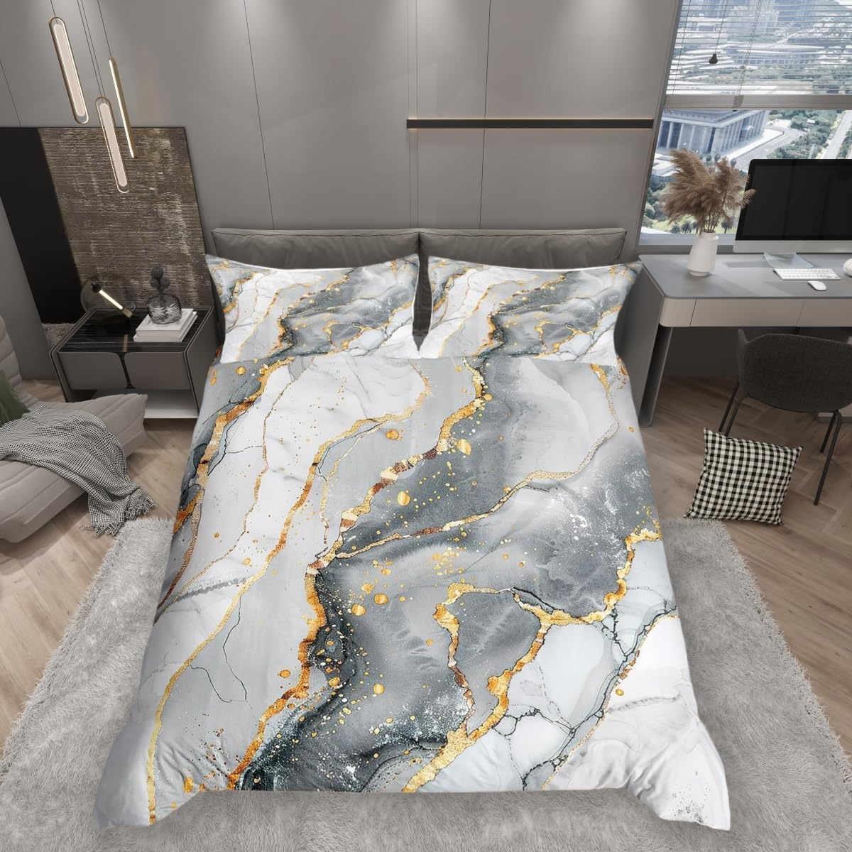 feelingyou Grey Marble Duvet Cover Set S-King White Grey Gold Glitter Comforter Cover Abstract Stone Texture Bedding Set 3pcs for Kids Boys Teens Room Decor, Marbling Bedspread with 2 Pillowcases