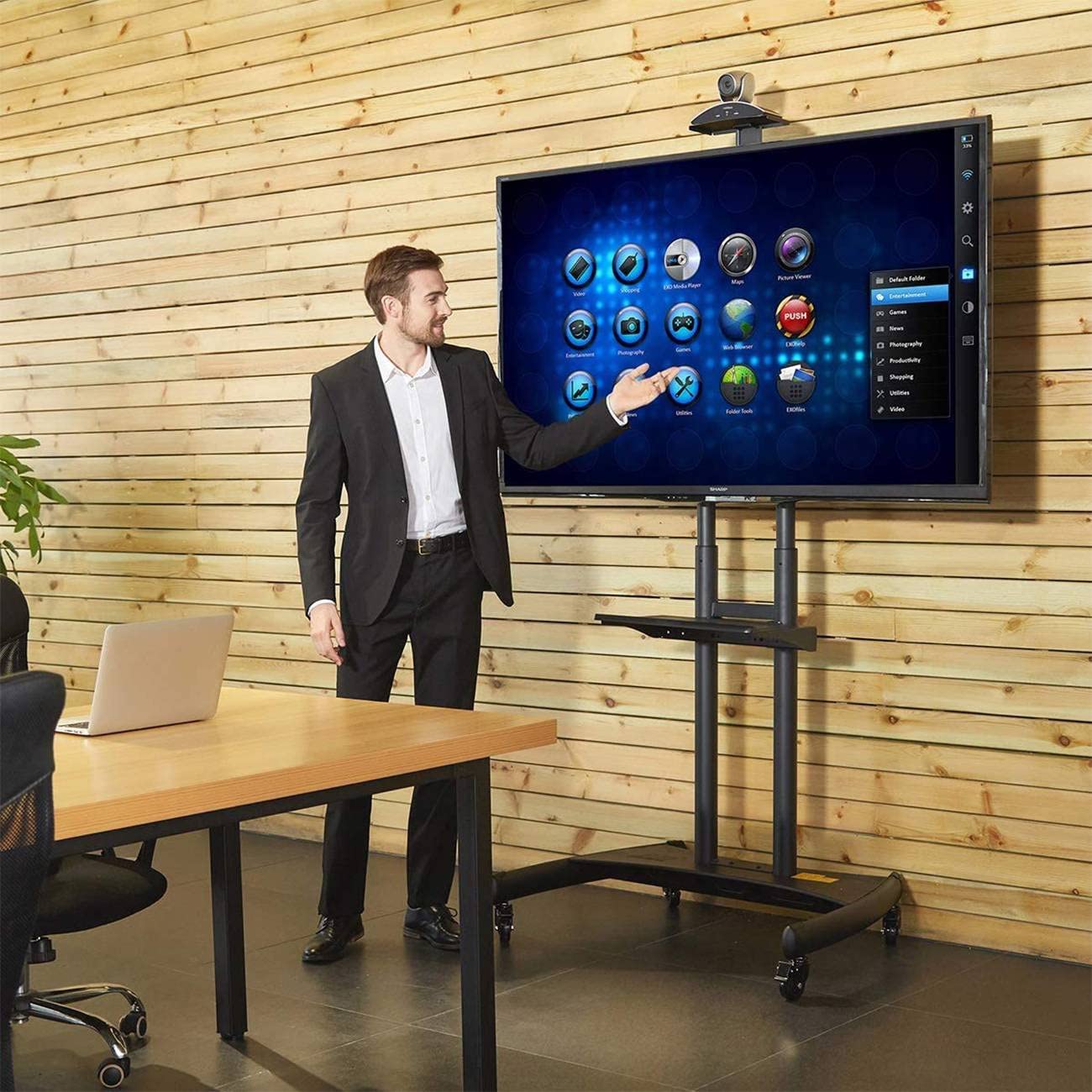 VAIDPRO Rolling TV Stand, Mobile TV Stand for 55 to 85 Inch Screens up to 200 Lbs, LCD LED OLED Plasma Flat/Curved Panels, Portable TV Stand with Wheels, Height Adjustable AV Shelf and Camera Tray