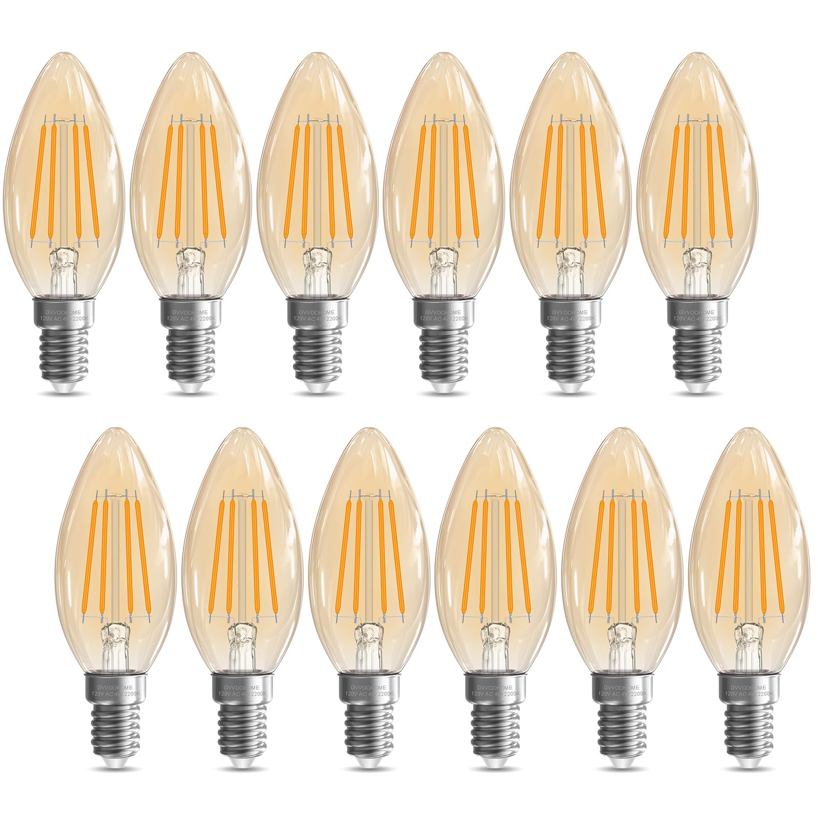 GvvooHome E12 Candlestick Bulb 40 watt, B10 Candle Bulbs E12 LED Bulb Non-Dimmable Pendant Bulbs, 2200K Amber Warm, 90+CRI, 400LM, Amber Glass Finish, Pack of 12