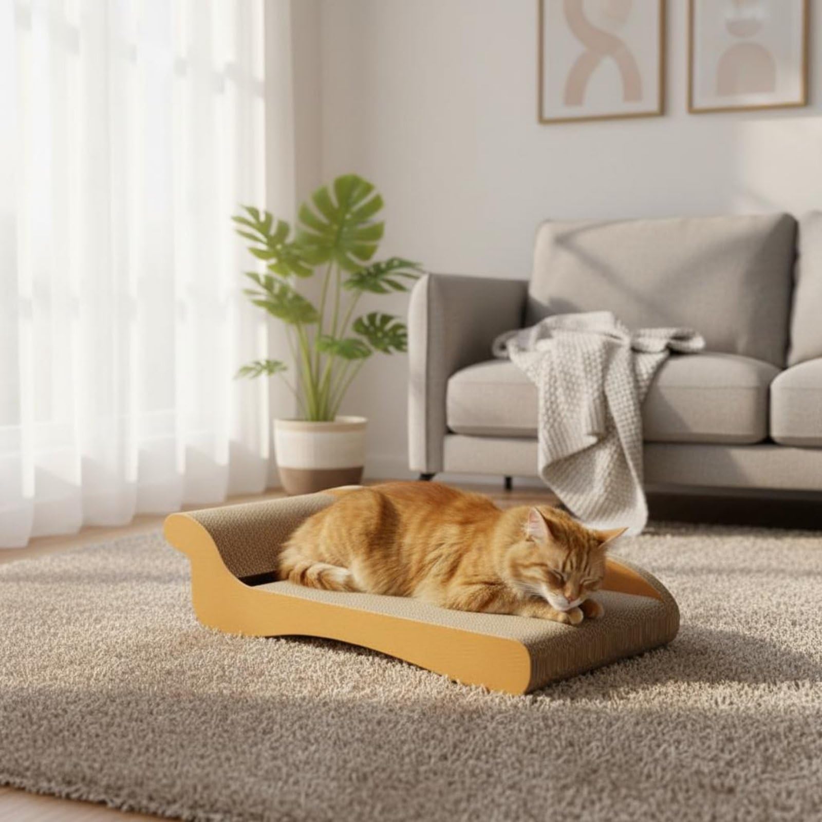 Griffoir pour Chat Lounge Canapé Lit Sofa Planche à Griffer en Carton Ondulé Épais Courbure Ergonomique avec Piste et Balle Adapté aux Chats Jusqu’à, 60 X 28 X 18 Cm