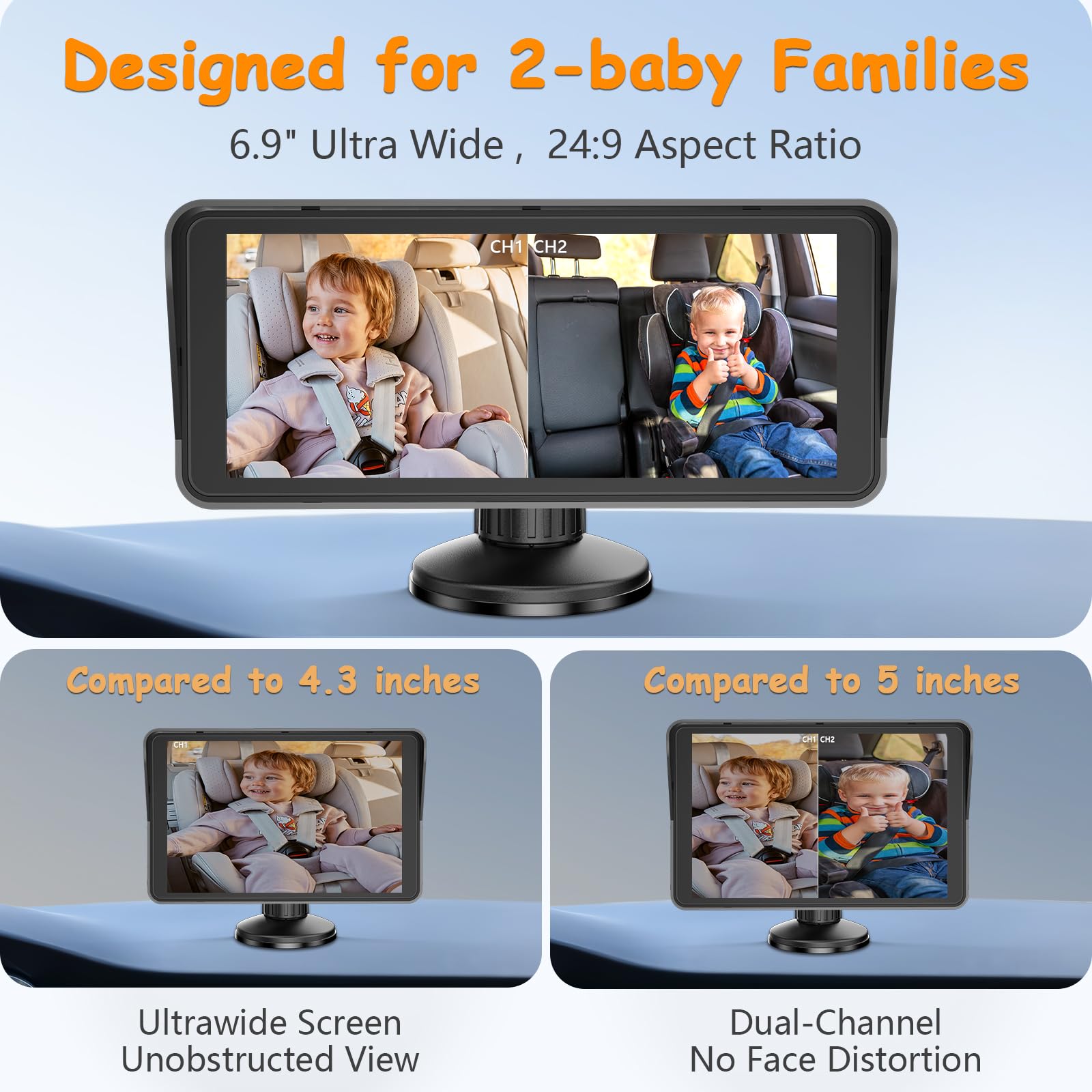 2-Kids Baby Car Camera for Seat: 6.9 Inch Ultrawide Display with Two Cameras Rear Facing - Image 3