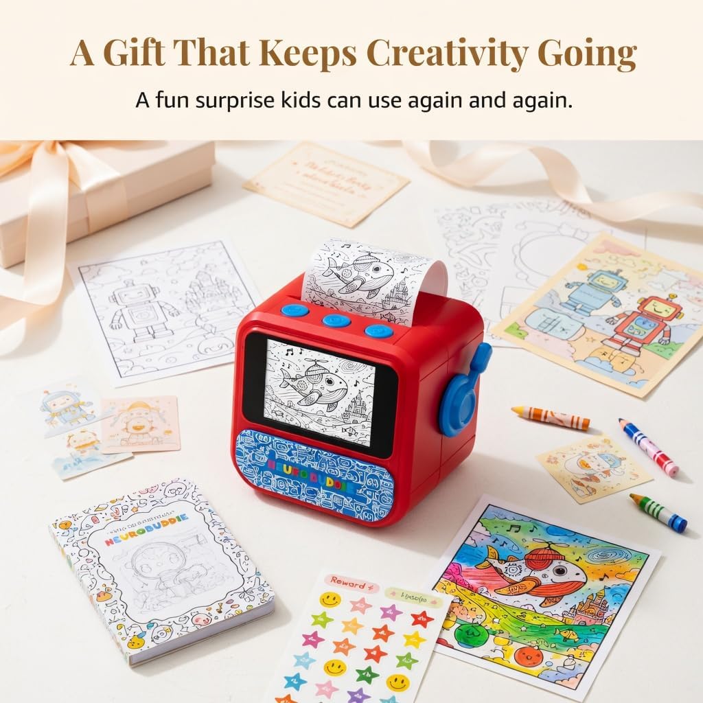 AI Sticker Box Printer for Kids, Voice-to-Sticker, Magic Thermal Sticker Maker with Display, Inkless Portable Mini Printer for Coloring Creative DIY Fun, 6 Rolls Paper Included