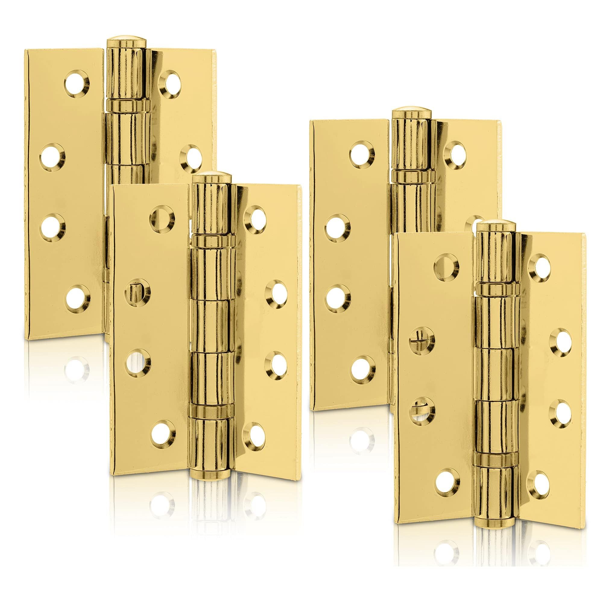 Xfort Polished Brass 4 Inch (100Mm) Ball Bearing Hinges, Steel Door Hinge For Wooden Doors (2 Pairs)