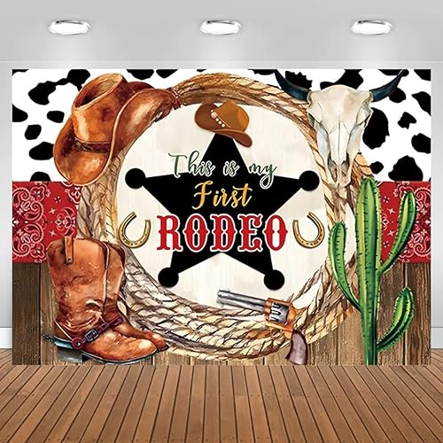 Miniatura 2 de This is My First Rodeo - Fondo de cumpleaños de vaquero occidental, estampado de vaca, sombrero de madera rústica del salvaje oeste, decoración de