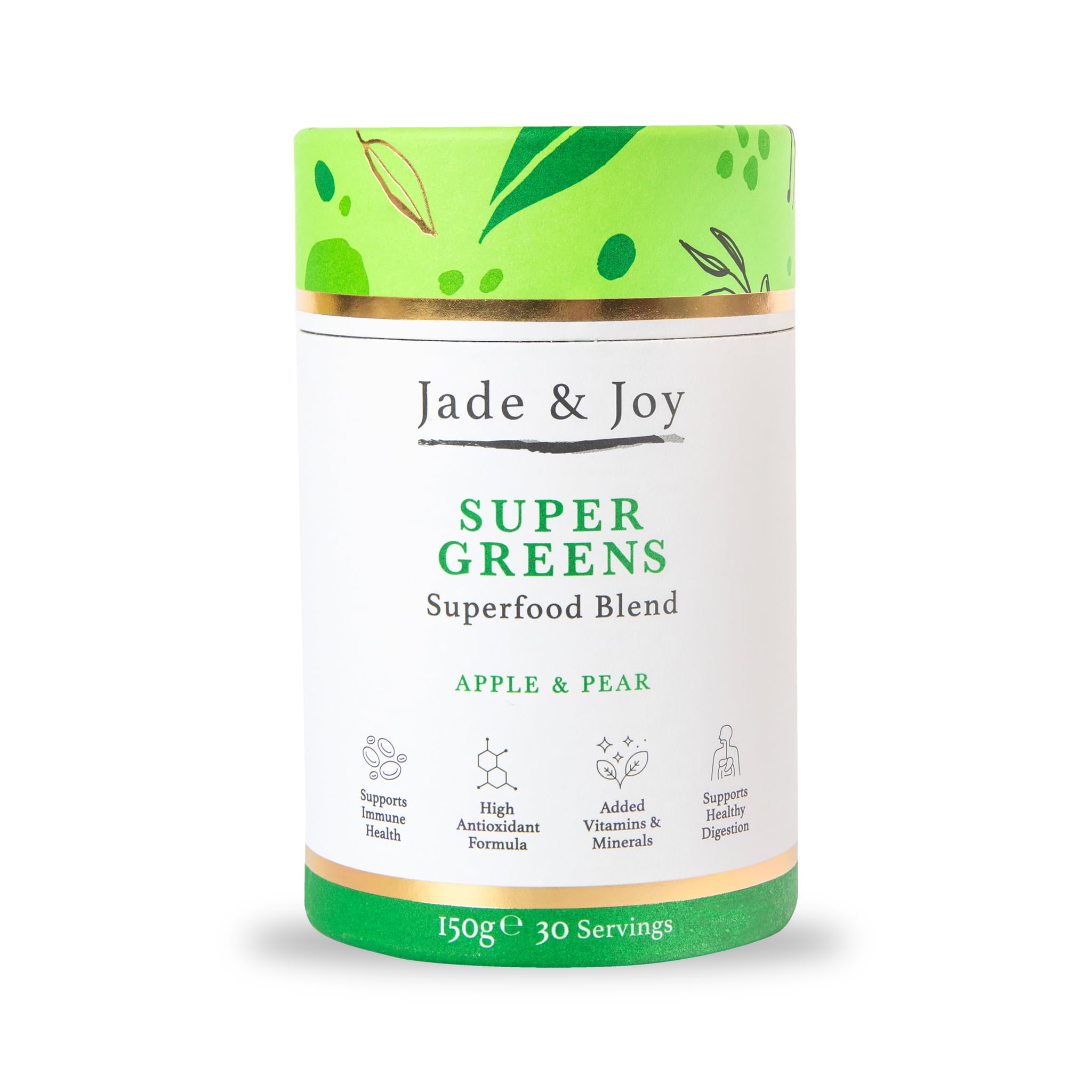 Jade & Joy Super Greens | 150g / 30 Servings | 9 Essential Superfoods for Energy, Immunity & Digestion Including Matcha, Kale, Chlorella & Spirulina | High Antioxidant Formula | Apple & Pear Flavour
