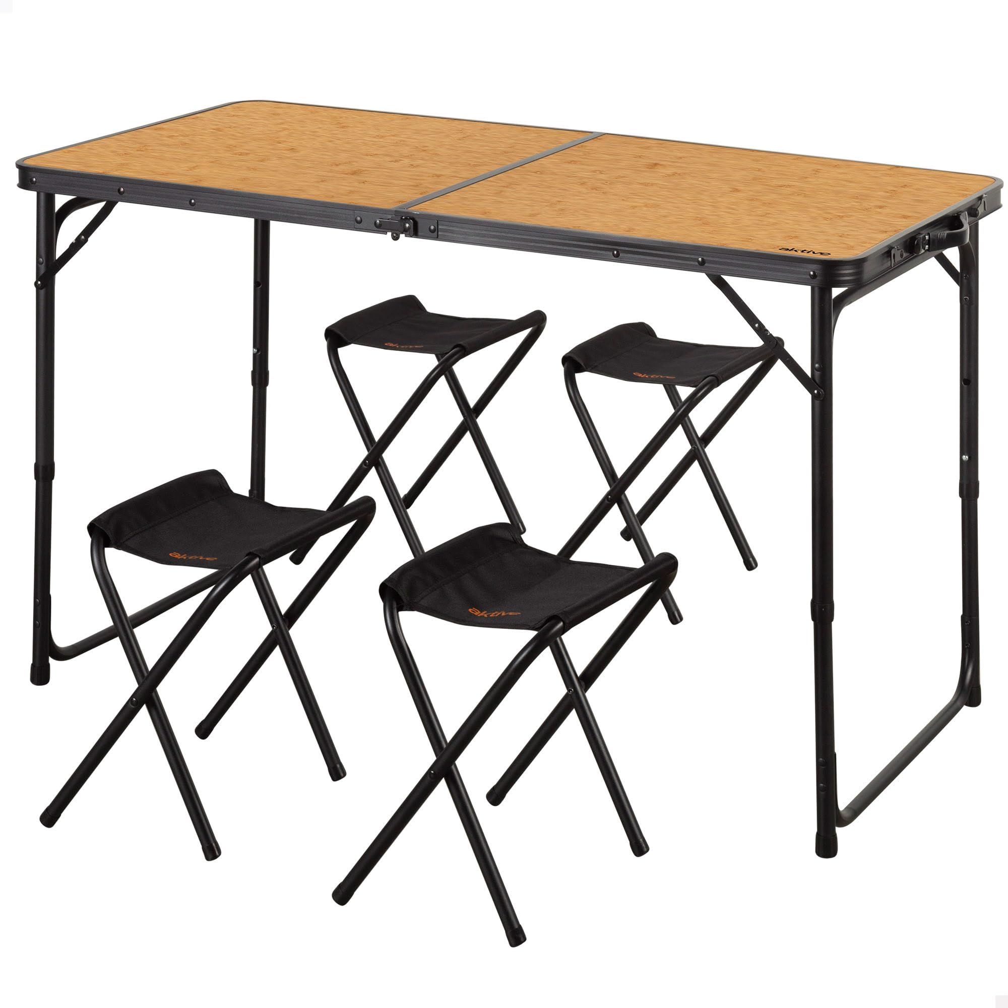 AKTIVE 63162 składany stół aluminiowy z 4 stalowymi stołkami, regulacja wysokości 60/70 cm, powierzchnia 120 x 60 cm, wykończenie bambusowe, przenośna konstrukcja z uchwytem na kemping, plażę i do