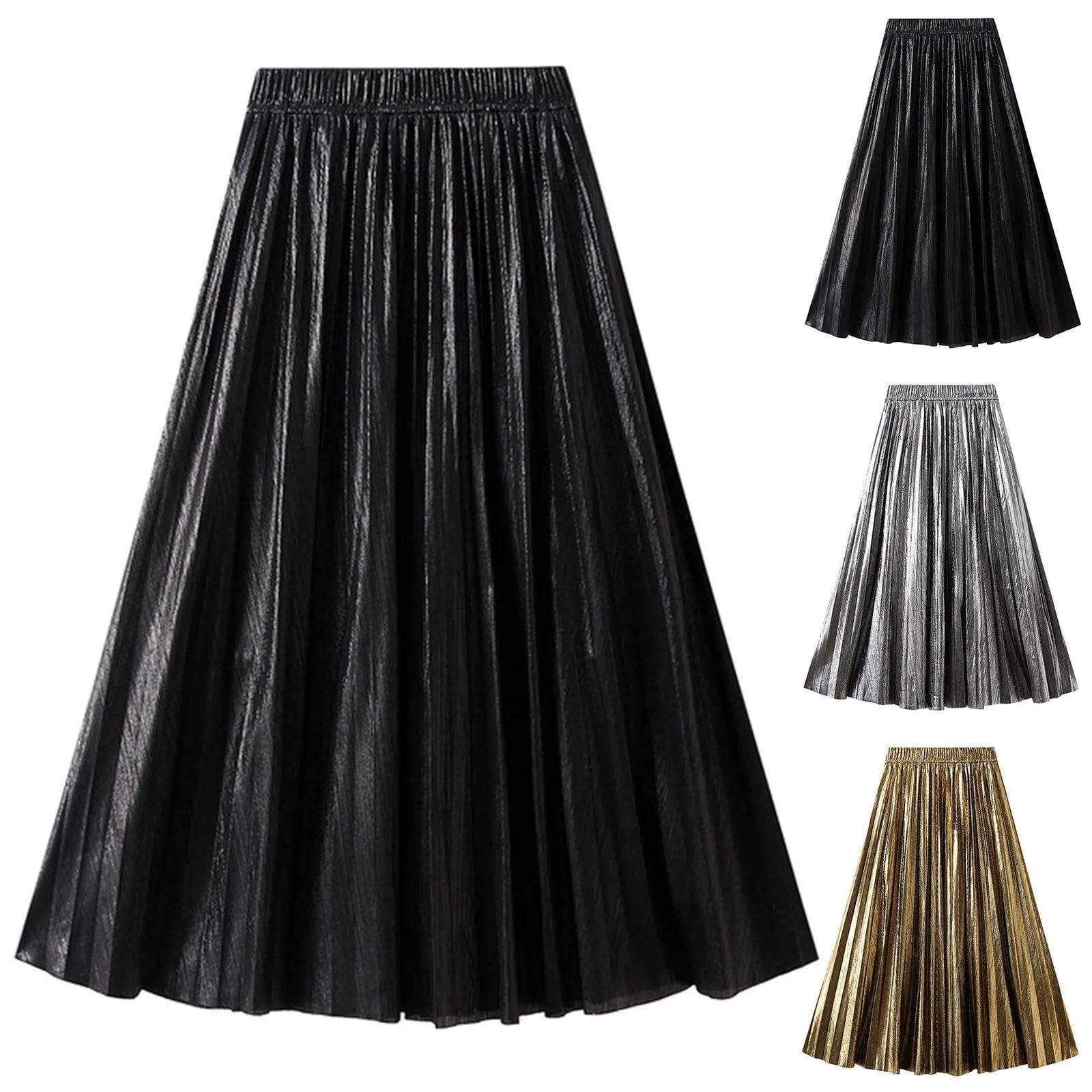 Rock Damen Langer Taille Skirt Linie Falten Damen Faltenrock A-Linienrock Rock
