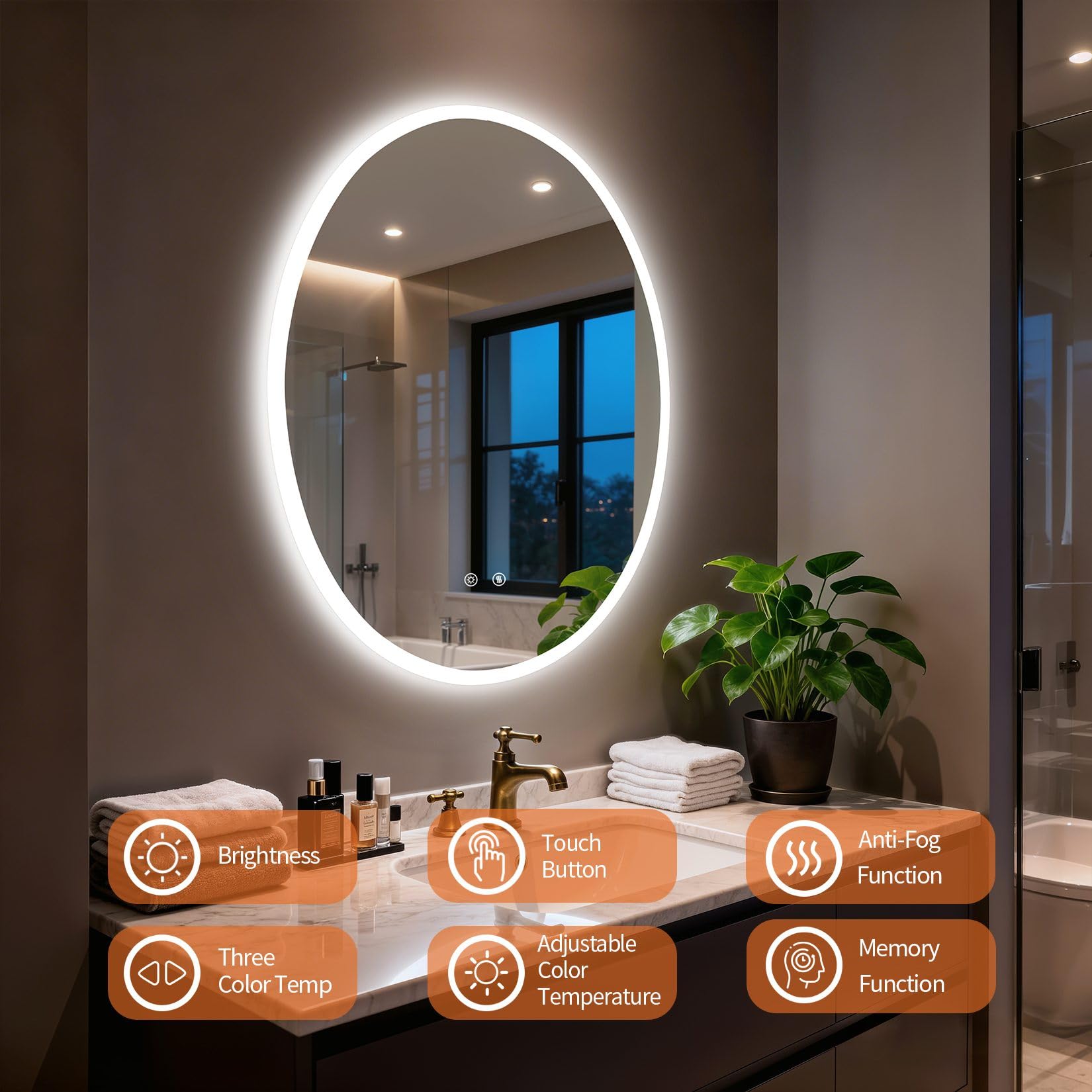 LUVODI LED-Badezimmerspiegel mit Hintergrundbeleuchtung: ovaler beleuchteter Kosmetikspiegel, 80 x 60 cm