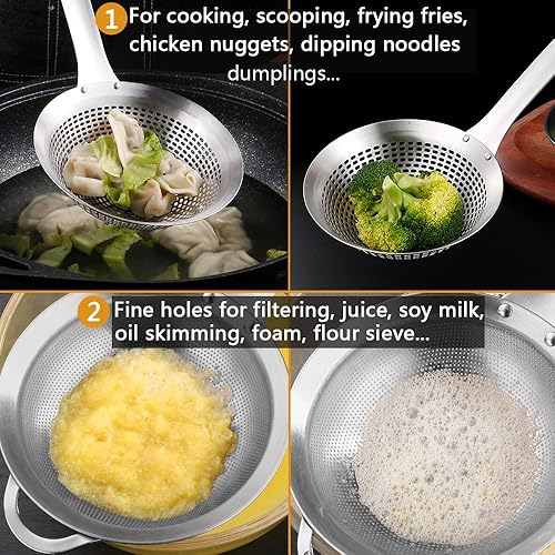 Miniatura 5 de Juego de cucharas para freír con colador de alimentos de malla fina de acero inoxidable con asa y agujeros grandes ranurados para cocinar y filtrar