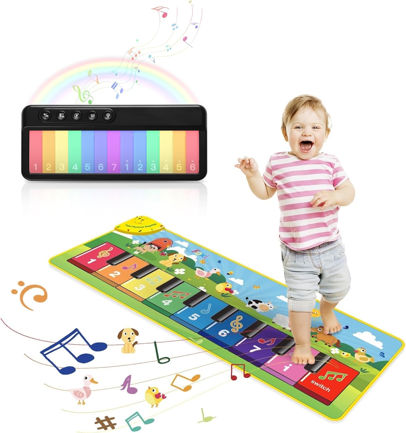 FOKI Toddler Music Toys Set, Multicolor Piano Mat & Mini Keyboard, 8 Animal & Piano Keys, 25 Built-in Sounds, Perfect for 1-5 Year Olds
