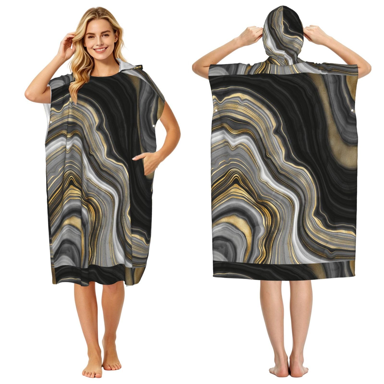 Poadnly Modern Black And Gold Agate Gemstone, Adult Hooded Beach Towel 90 x 110 cm,Changing Bath Robe, Surf Poncho Towel For Women Men