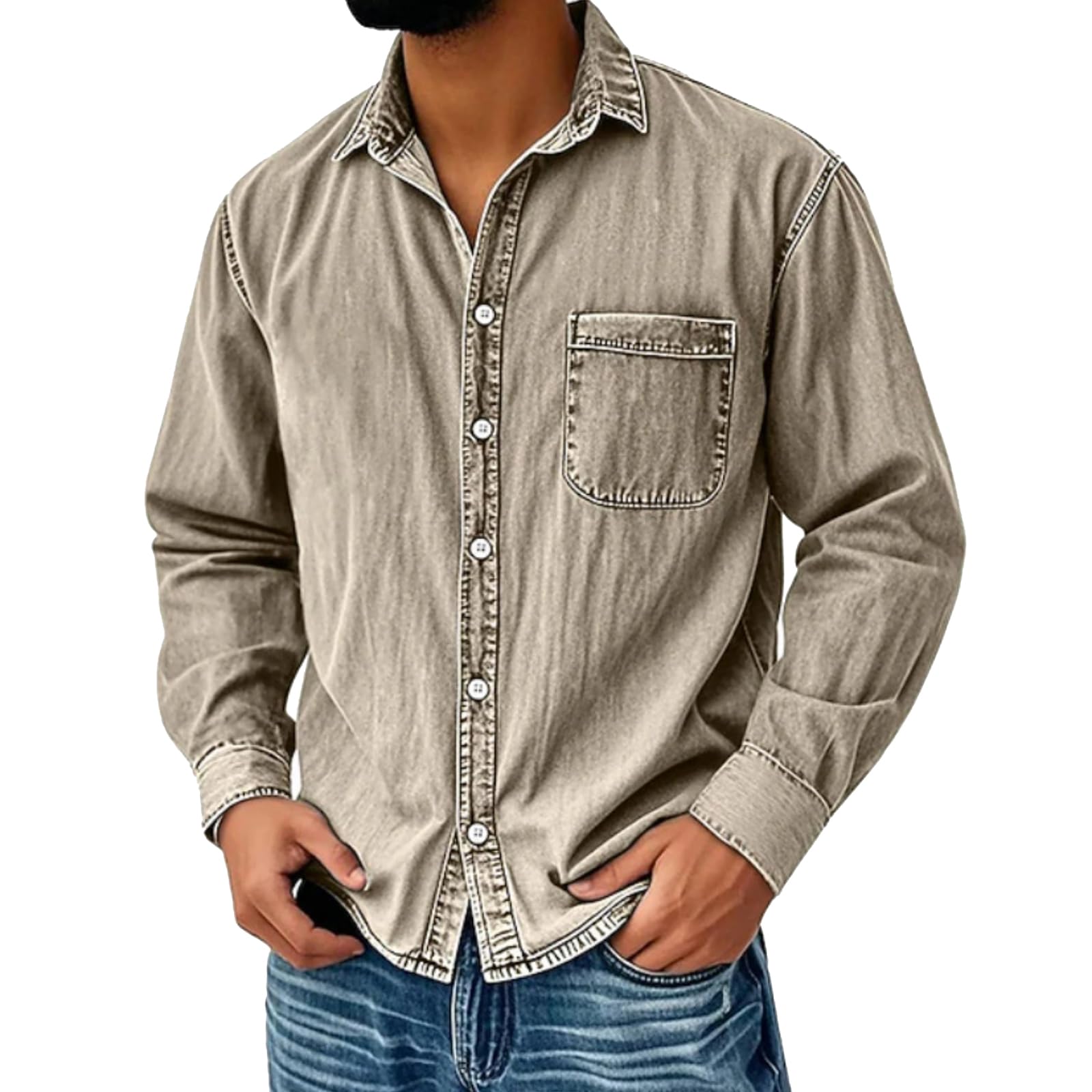 Chemise en jean à manches longues pour homme - Coupe droite - Chemise décontractée - Chemise d'affaires avec manches longues et col classique - En mélange de coton - Coupe ajustée - Poche de poitrine