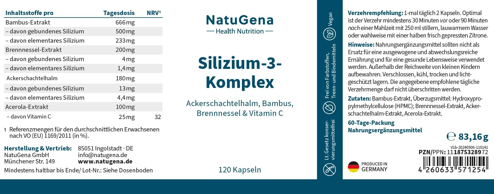 NatuGena Silizium-3-Komplex Ackerschachtelhalm/Bambus/Brennnessel + Vitamin C / 120 Kapseln HPMC 0 (60-Tage-Packung)