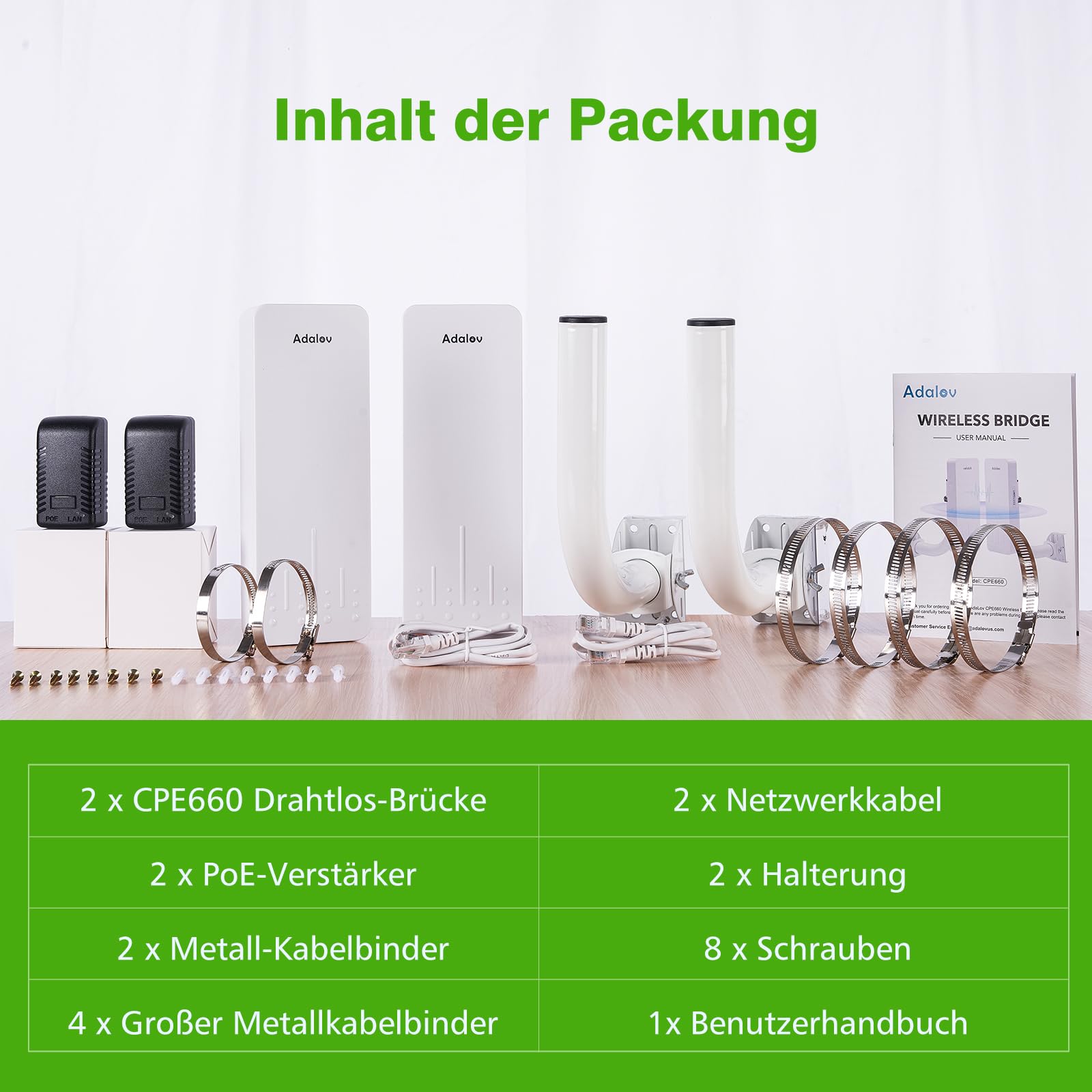 AdaLov WLAN-Bridge CPE660 5,8 GHz, Outdoor WiFi-Bridge mit Halterung, Punkt-zu-Punkt-Netzwerk bis 3 km für Kamera/Nebengebäude/Gartenhaus/Garage/Scheune, Plug & Play, IP65 Wetterfest, 12V DC/24V PoE