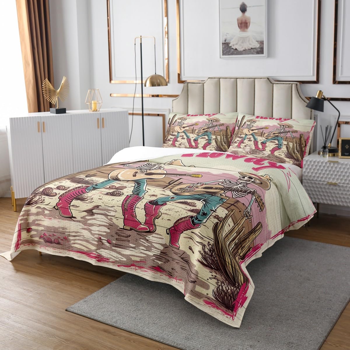 Manfei Howdy Bedspread Twin Size, Skeleton Playing Guitar Coverlet Set for Kids Boys Room Decor, Western Desert Cactus Quilted Coverlet with 1 Pillowcase, Soft Polyester Bedding Quilt