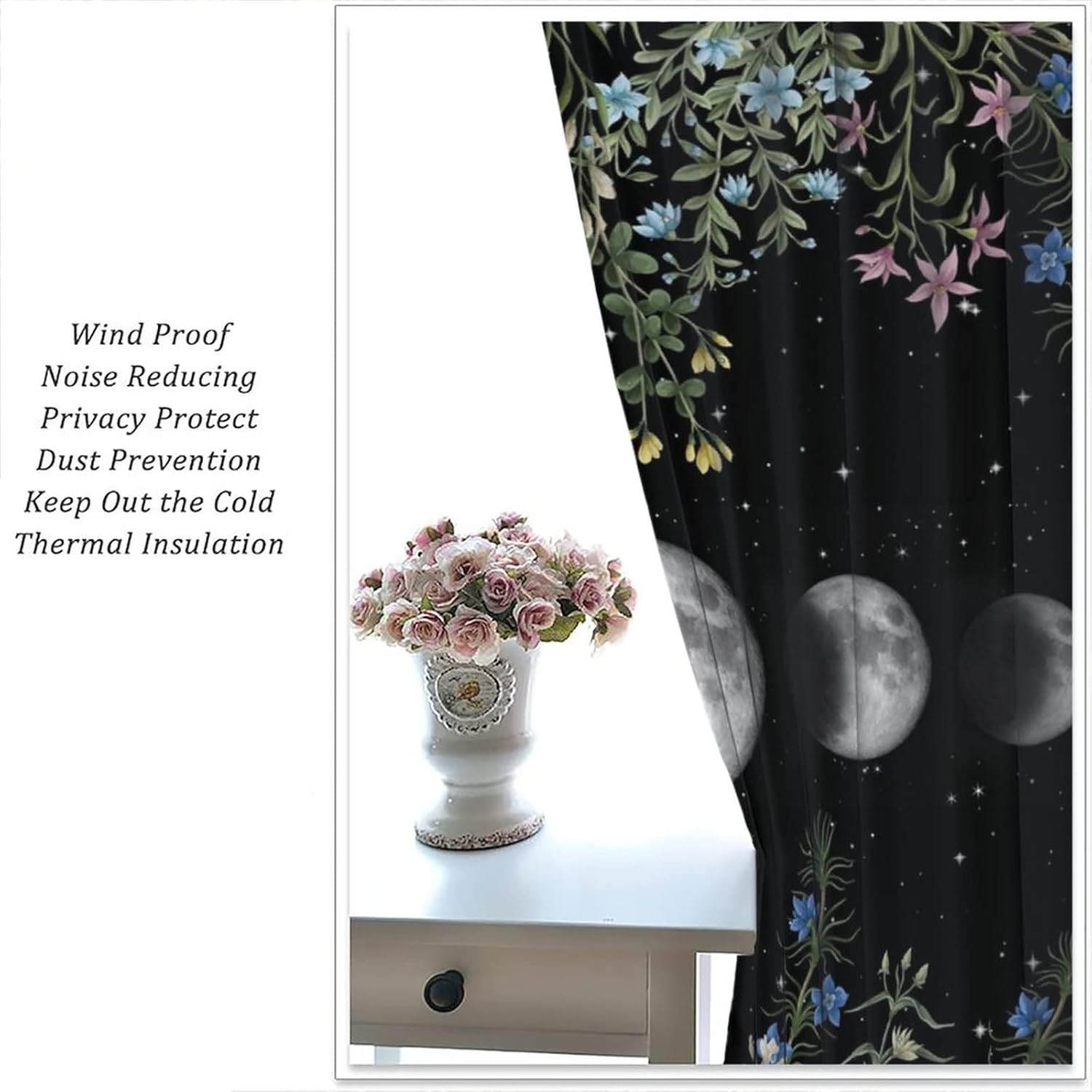 Moon Floral Curtains,Moon Phase Moonlit Pink Natural Spring Gothic Tarot Style Home Bedroom Living Room Window Blackout Curtains 42x45 Inch