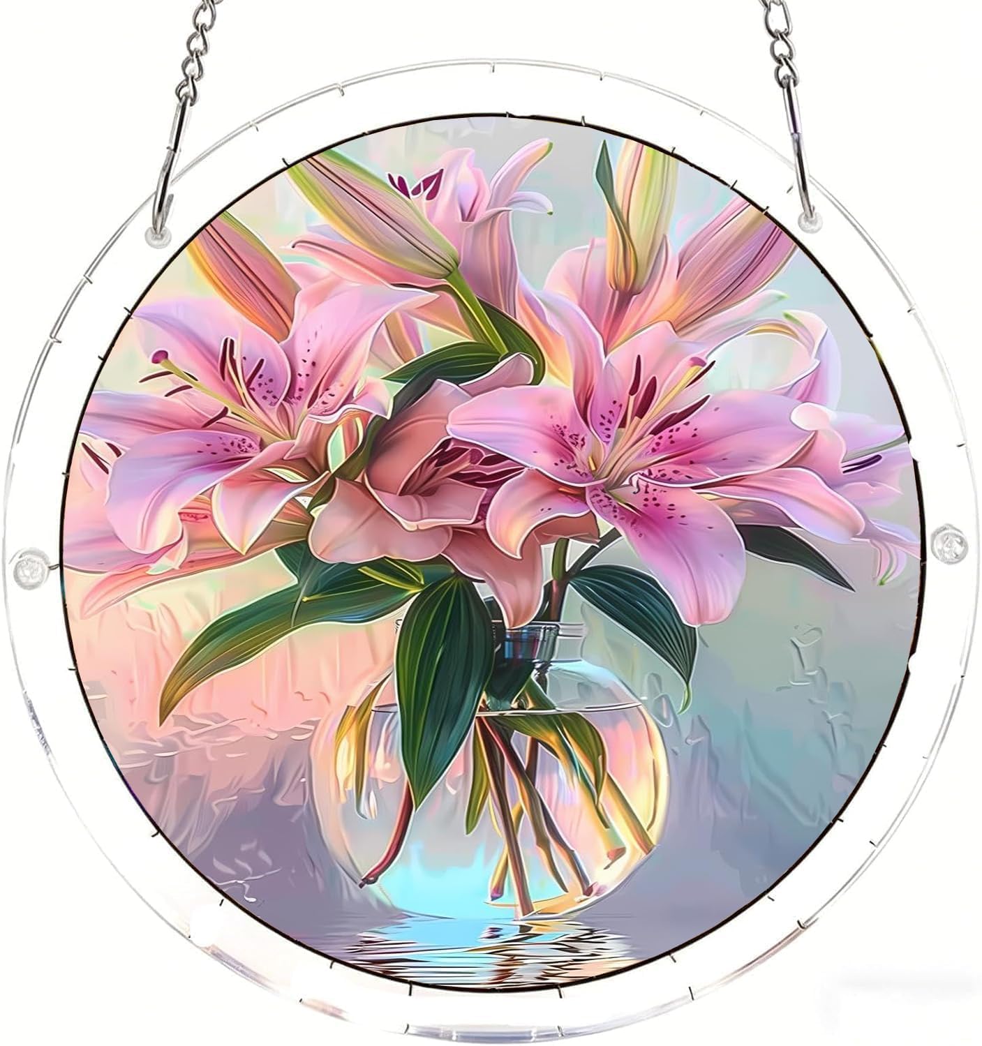 Lilies in a Glass Vase Acrylic Jigsaw Puzzles Suncatcher, 8.9 Inch Window Hanging Suncatcher Acrylic Puzzle, DIY Home Decor Art Gift