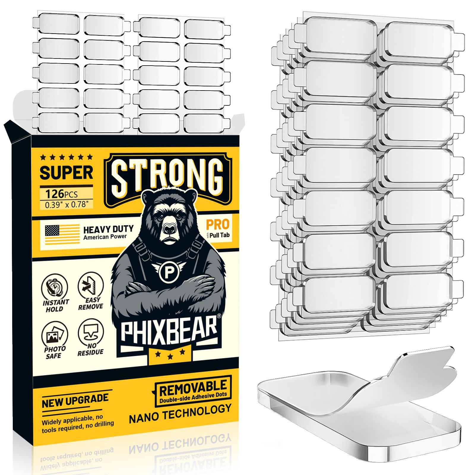 PHIXBEAR Large-Pro Mastic de montage sans résidus avec languette de tirage, ruban adhésif double face pour musée, bandes de suspension fixes, décoration artistique, fête, 1 x 2 cm (126 pièces)