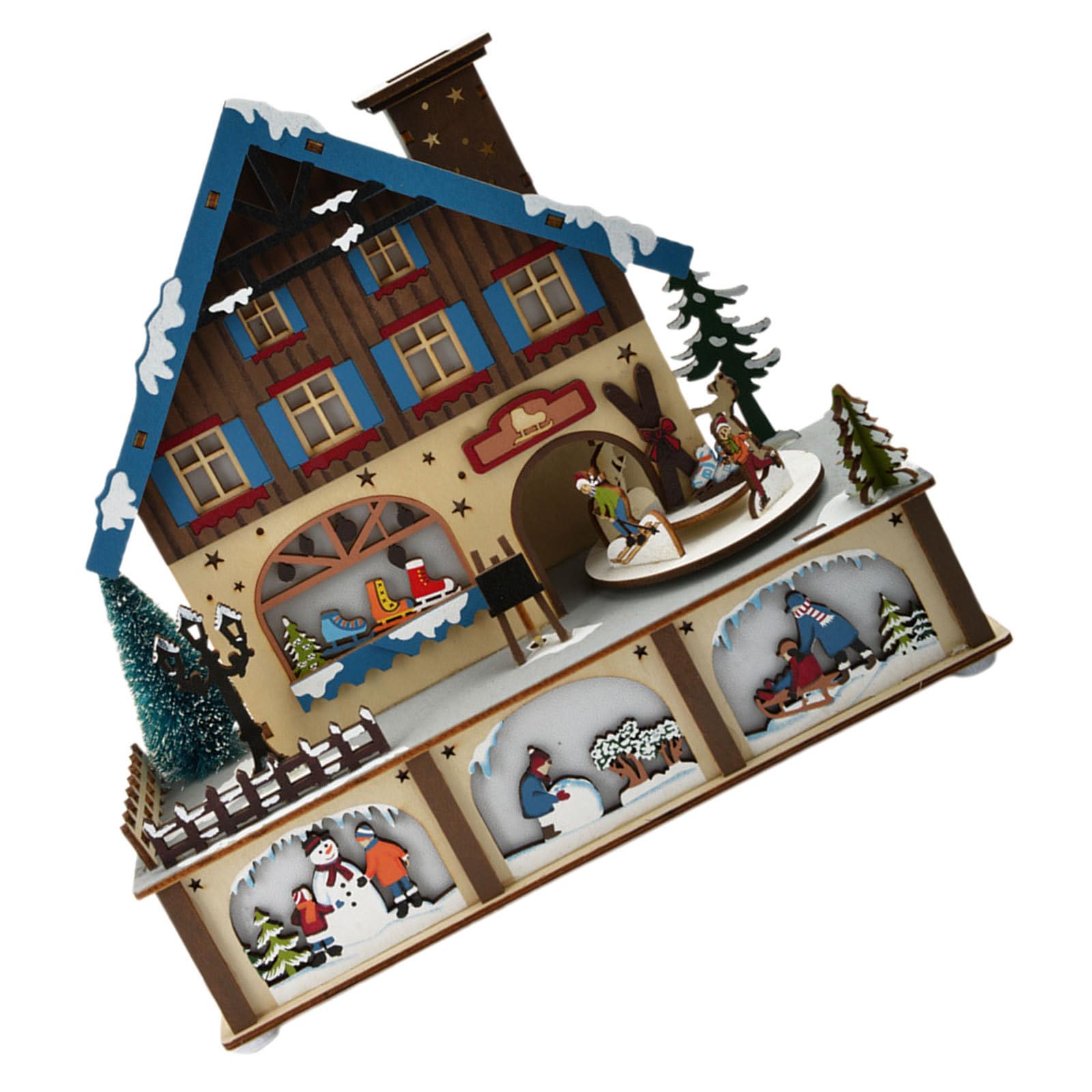 Figura Decorativa de Madera para Navidad con Luz Cálida Azul, Artesanía Fina para Pueblo Navideño Interior en Temporada de Invierno