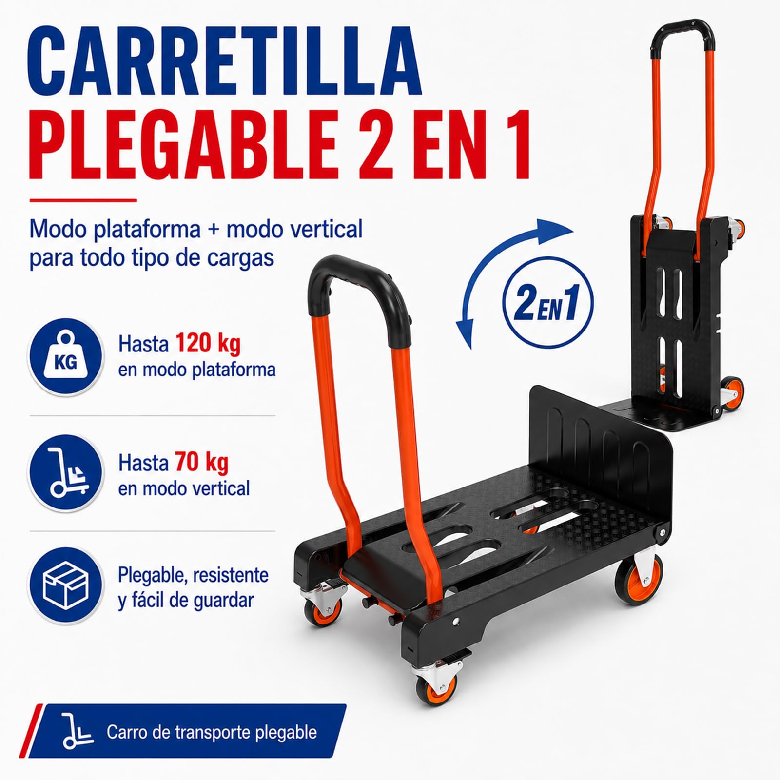 2 en 1 Carretilla de Mano Plegable Carga de 150 kg Carro de Mano de Alta Resistencia con Ruedas Mango Telescópico para Transporte Doméstico, Mercancías de Almacén Supermercado