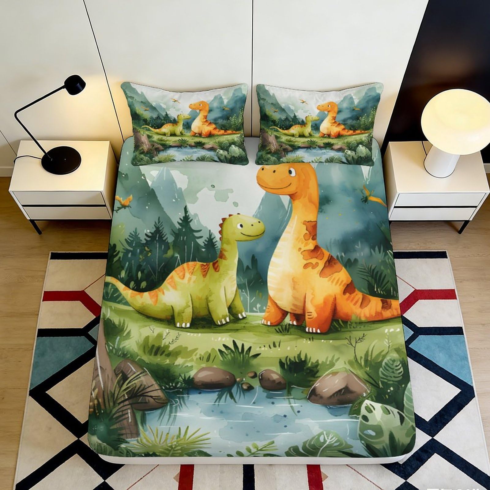 Pnayamiorkfel Style-3 3D Printed Cartoon Dinosaur Fitted Sheet Microfiber Soft Breathable Forest River Bed Cover For Bedroom Guest Room Decor 90X200x25cm