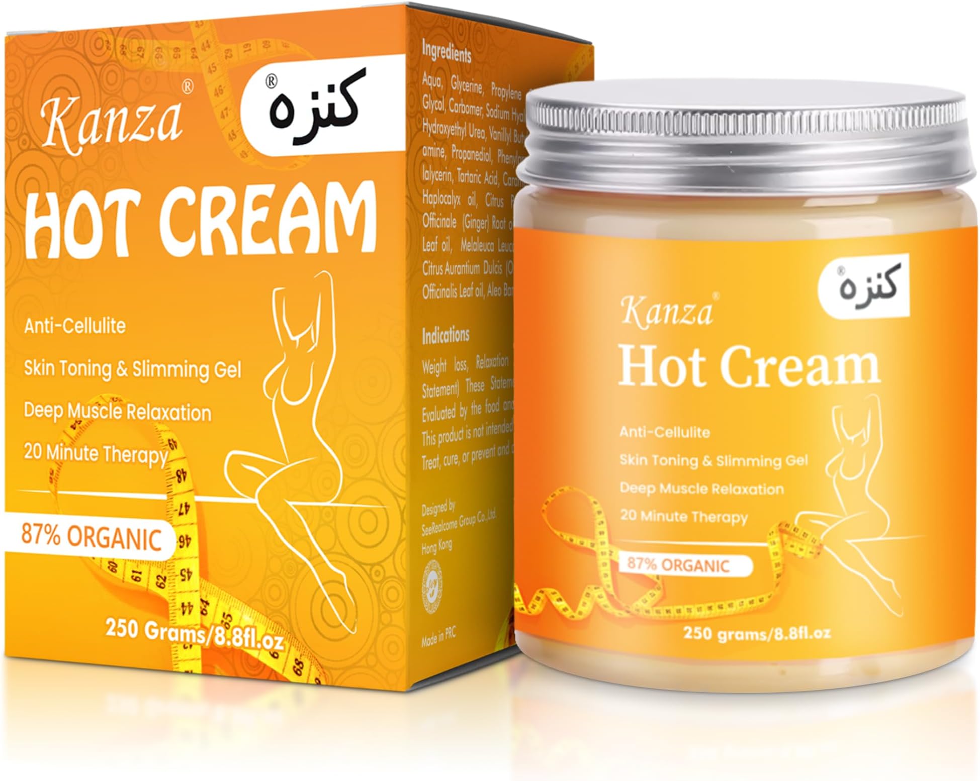 KANZA - Hot Cream Anti Cellulite Body Slimming Firming Cream 250g | 20 Minutes Fat Burning Therapy Body Shaping Cream | Deep Muscle Relaxation Cream | Skin Toning & Slimming Gel | Unisex
