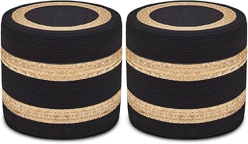 Miniatura 11 de Wimarsbon Puf otomano de 2 piezas, taburete de pie de hierba marina natural, otomana redonda tejida a mano, asiento decorativo bohemio, puf trenzado