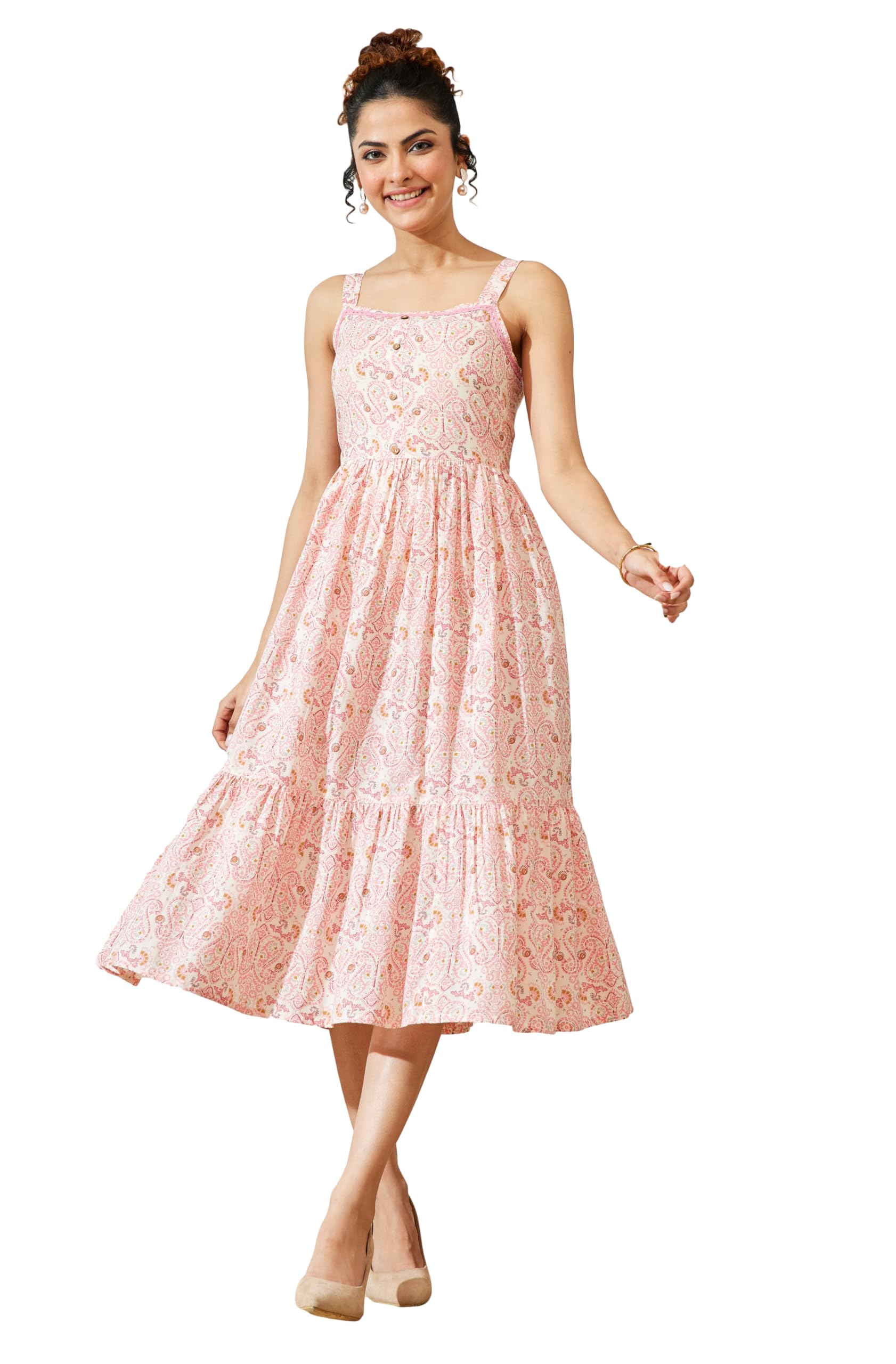 Women's Peach Pure Cotton Paisley Printed Fit & Flare Dress-image-2