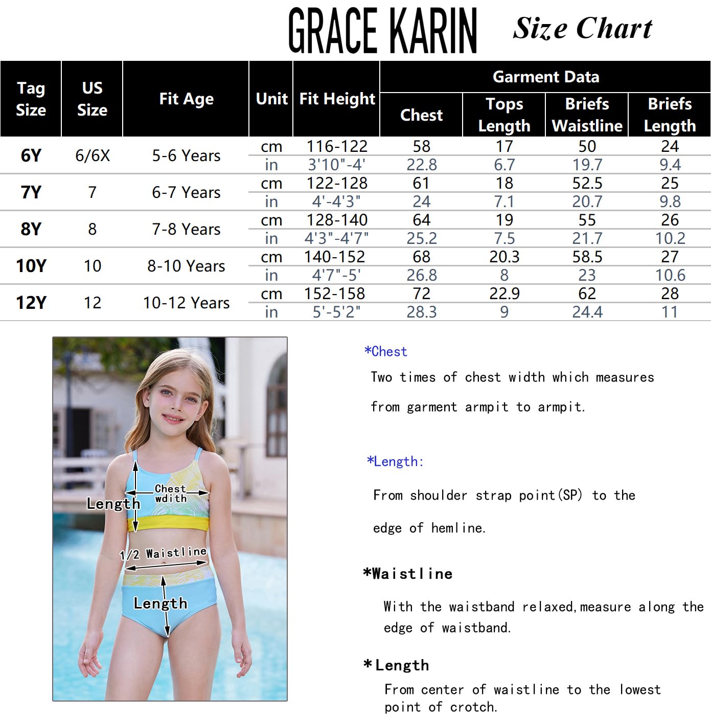 GRACE KARIN Letni kostium kąpielowy dla dziewczynek, 3-częściowy zestaw bikini strój kąpielowy, topy, slipy, narzuty do pływania, na urlop, do surfowania, na plażę