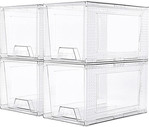 JollyPack Paquete de 4 cajones de almacenamiento apilables transparentes, fáciles de montar, organizadores de baño multiusos y almacenamiento,