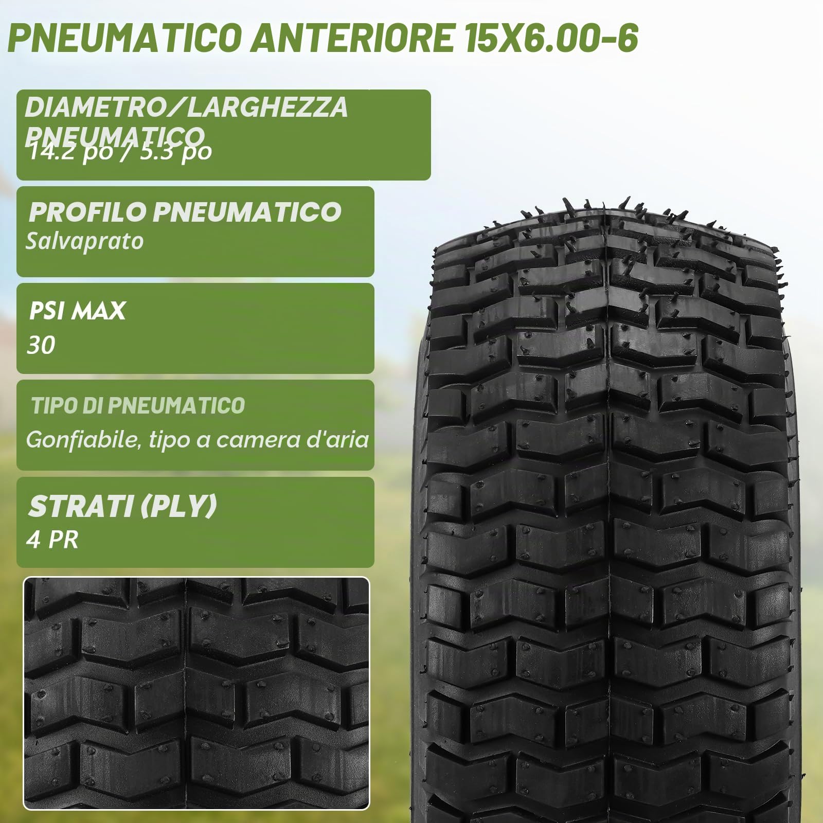 Pneumatici e Ruote Anteriori Tosaerba Confezione da 2, 15 x 6,00 – 6 per John Deere artigiani Husqvarna, 3 pollici foro centrato del mozzo ID 3/4 pollici, gomma naturale, 4 strati con tubo da 400 lbs