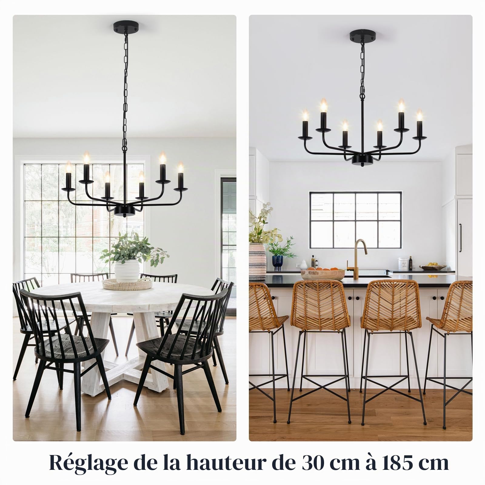 Lustre Industriel Noir, 6 Lumières Lustre Vintage Suspension Luminaire Salon Moderne, Réglable Metal Industrielle Plafonnier Noir pour Chambre, Salle a Manger, Cuisine, Couloir